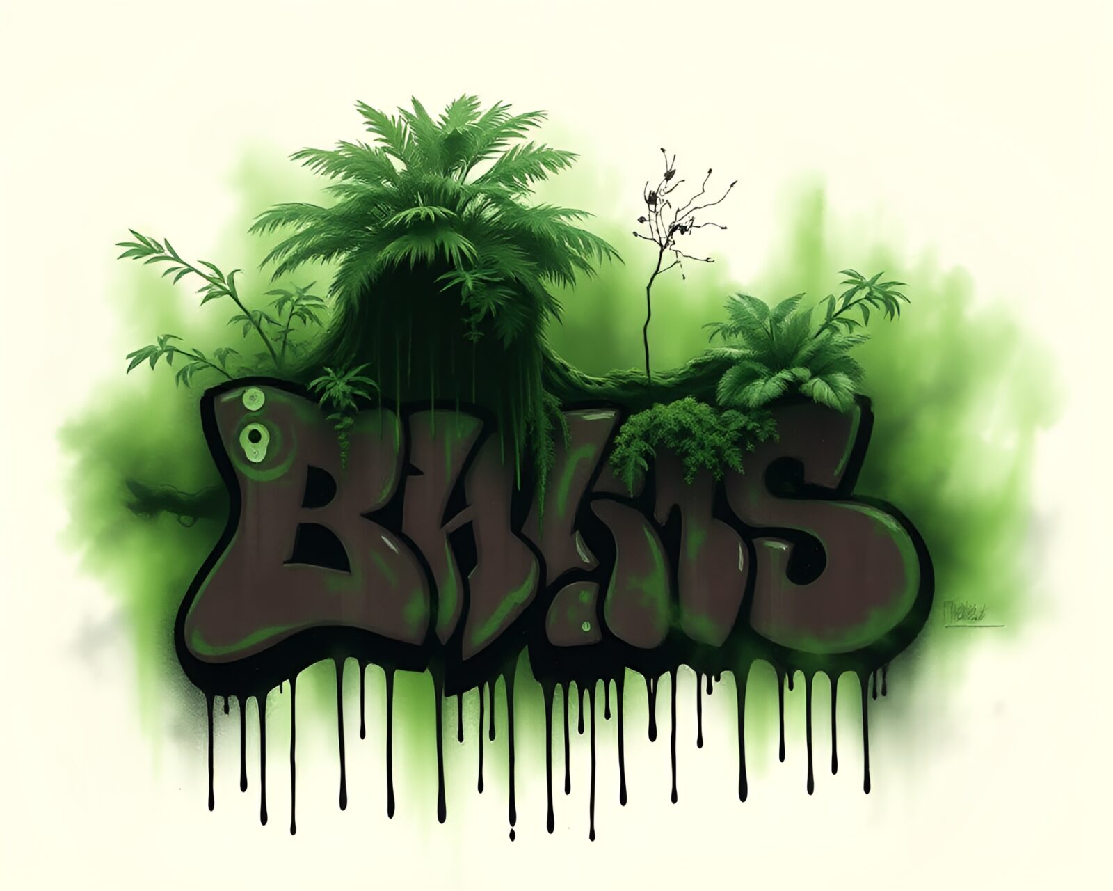 Dark scene of dwarf under green graffiti drips