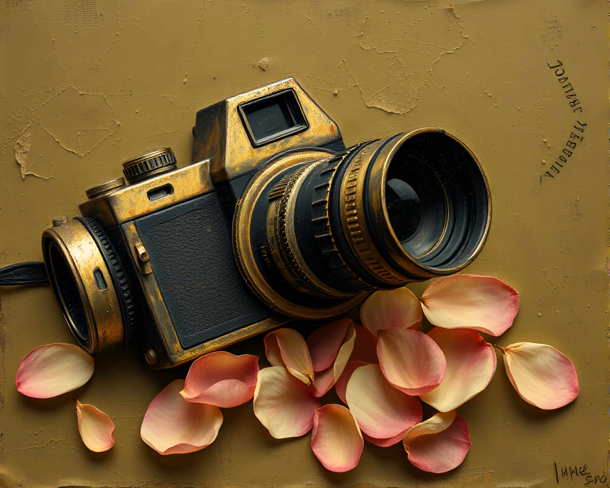 Vintage Telescope Surrounded by Flower Petals in Encaustic Painting Style – free AI stock image