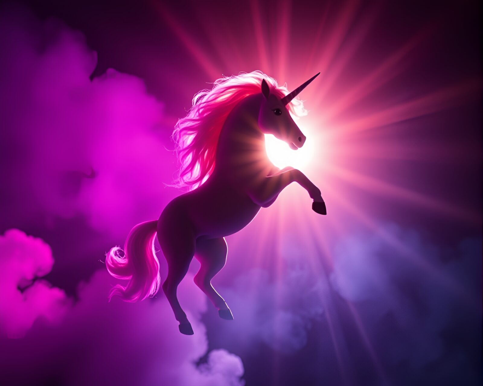 Majestic unicorn illuminated in dramatic theatrical lens sunburst