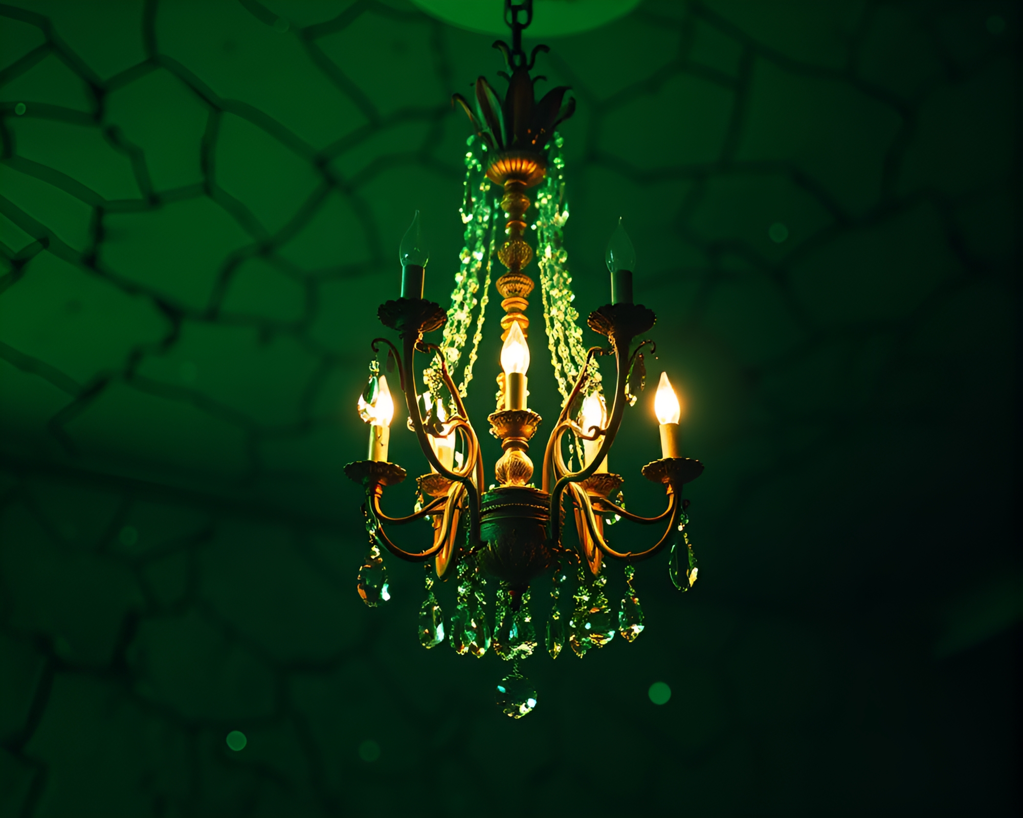 Victorian chandelier above cracked earth in monochrome green – free AI stock image