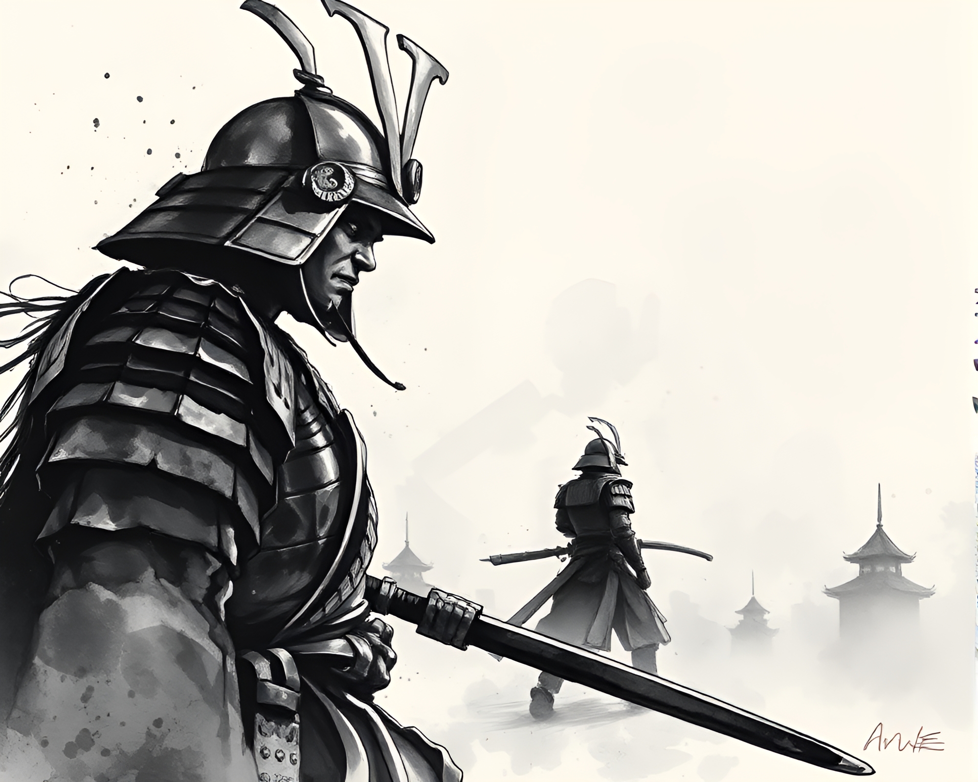 Samurai Warrior in Serene Ink Wash Style – free AI stock image