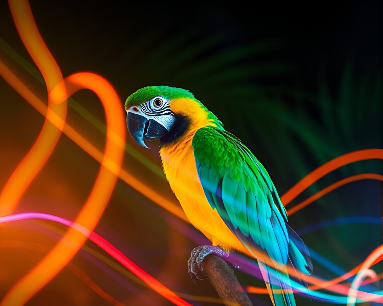 Colorful parrot amidst glowing geometric light patterns with sgraffito style