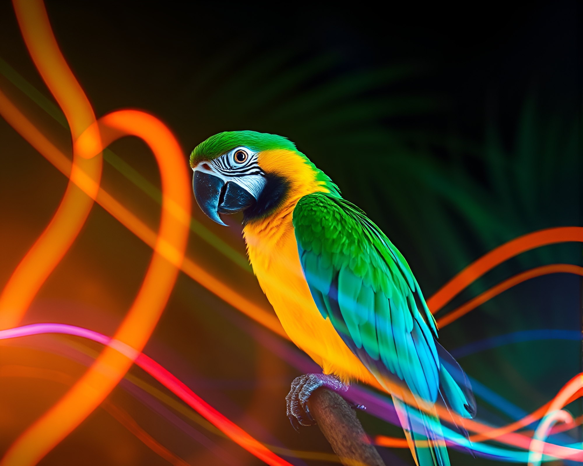 Pixelated Light Trails: Tropical Parrot Sgraffito Art – free AI stock image