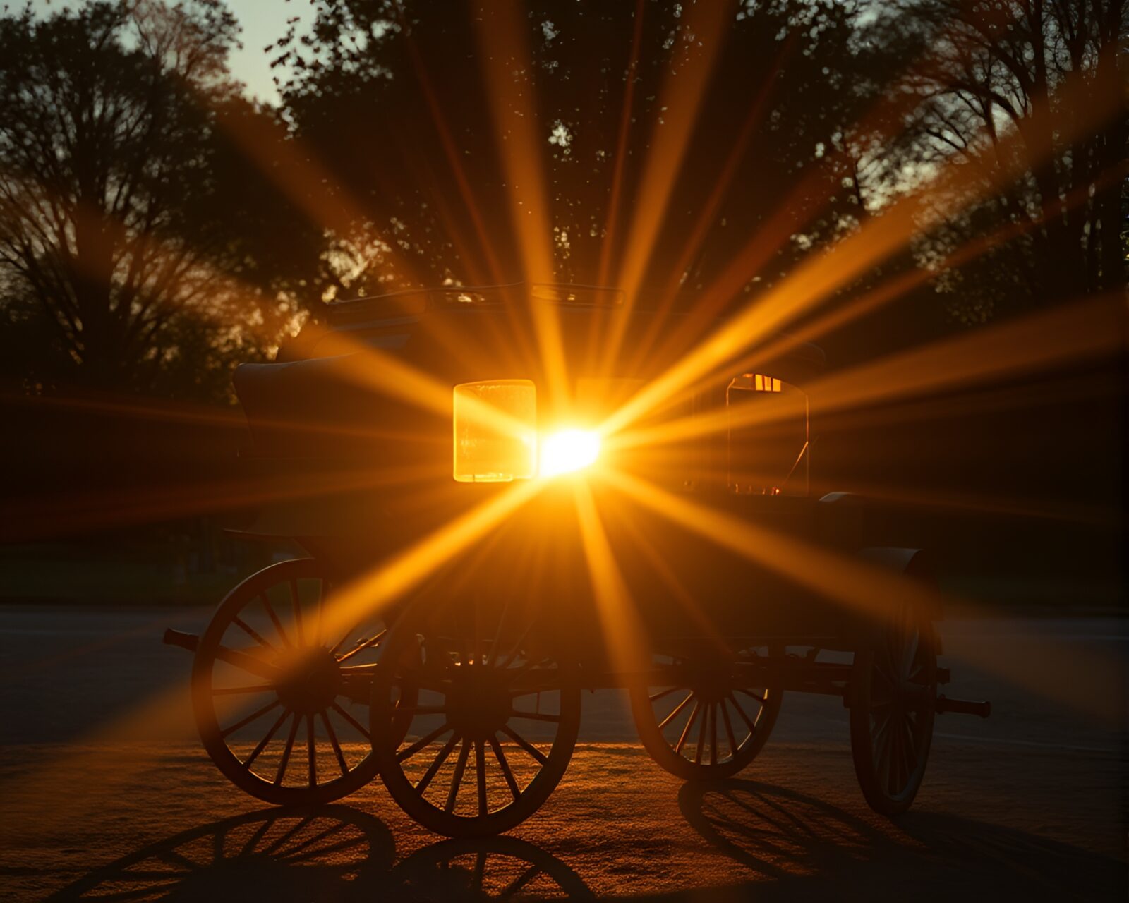 A stagecoach traveling through a canyon under a lens sunburst