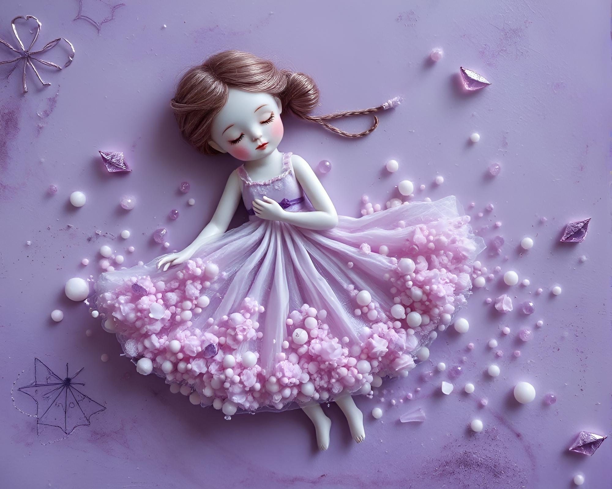 Ethereal Fragility: Porcelain Doll in Amethyst Mist – free AI stock image