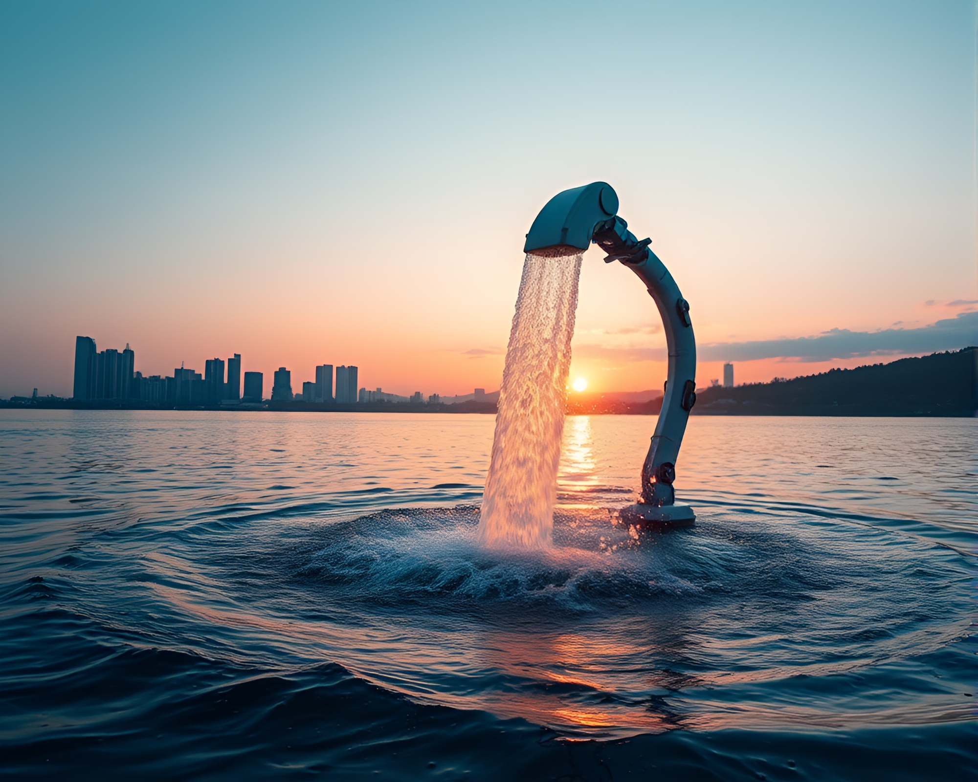 Sunset Robotic Arm Controlling Water Whirlpool – free AI stock image