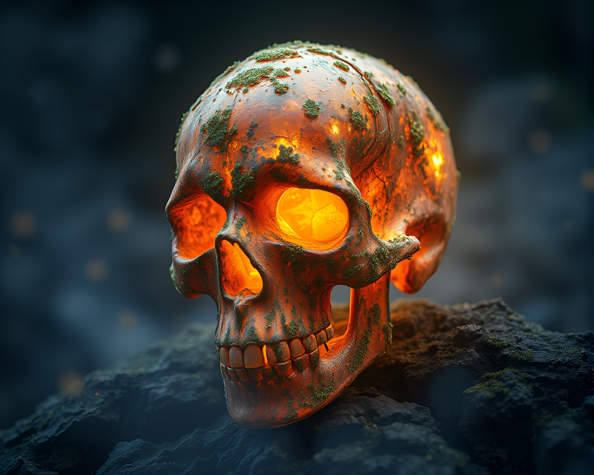 Lichen-Covered Crystal Skull in Digital Twilight Haze – free AI stock image