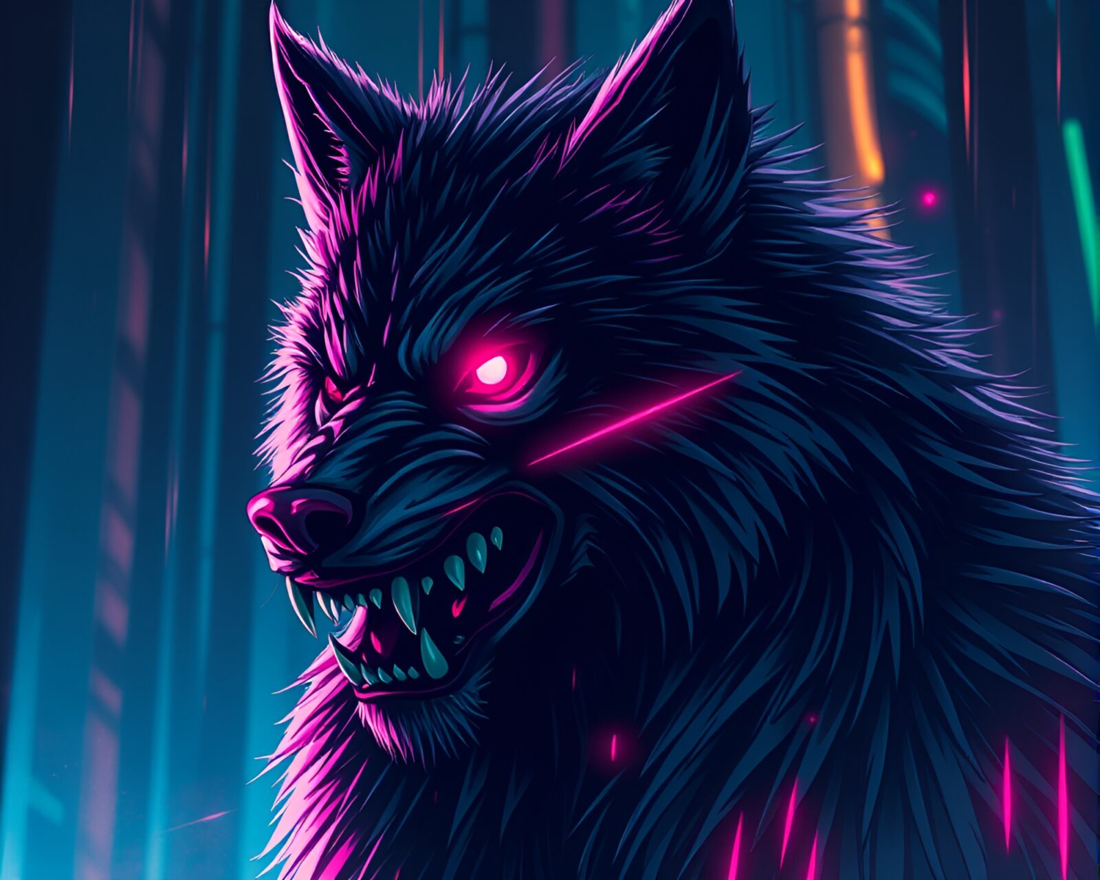 Mysterious werewolf in neon-lit editorial illustration with light leaks