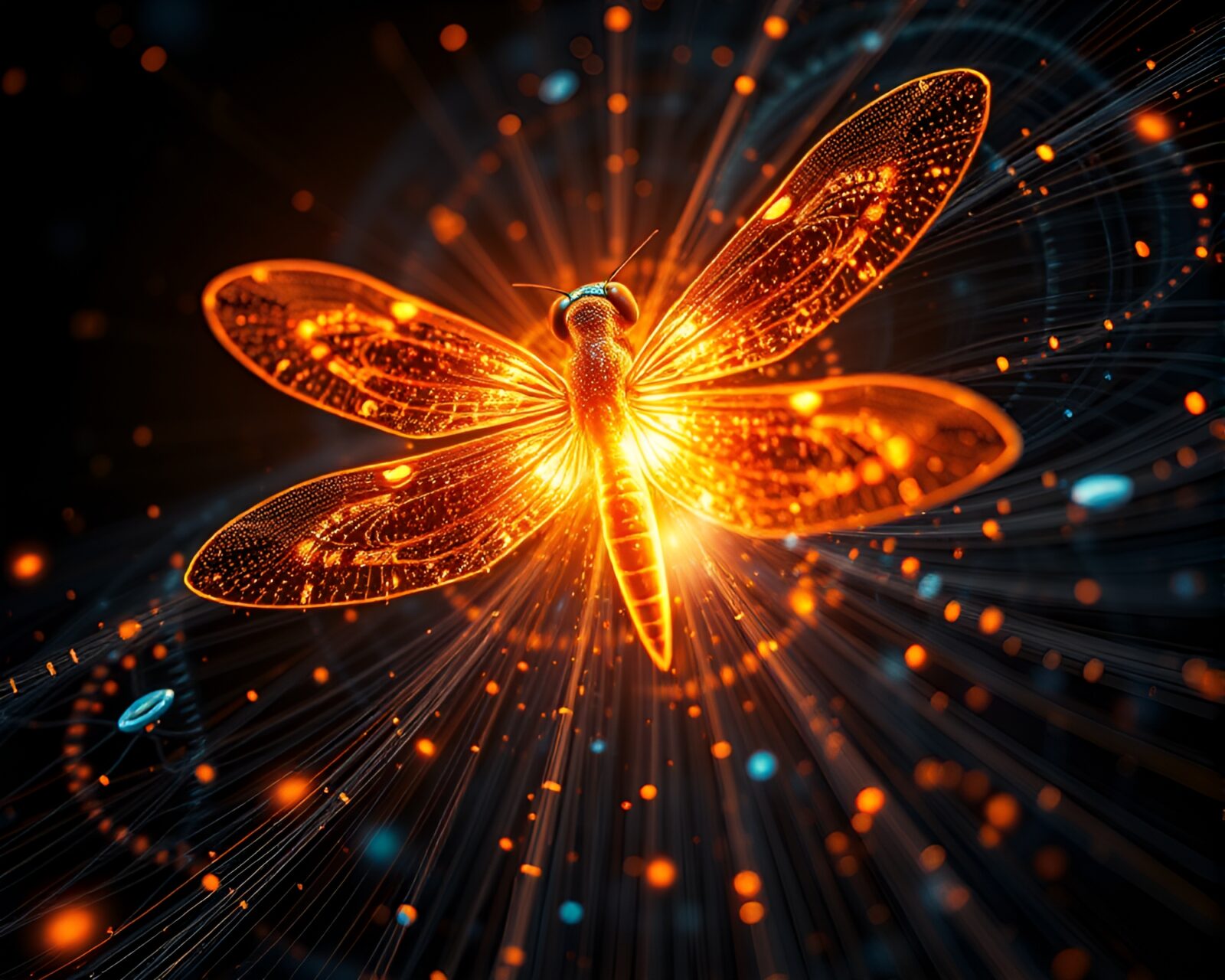 Glowing firefly patterns in detailed medical illustration of teleportation device