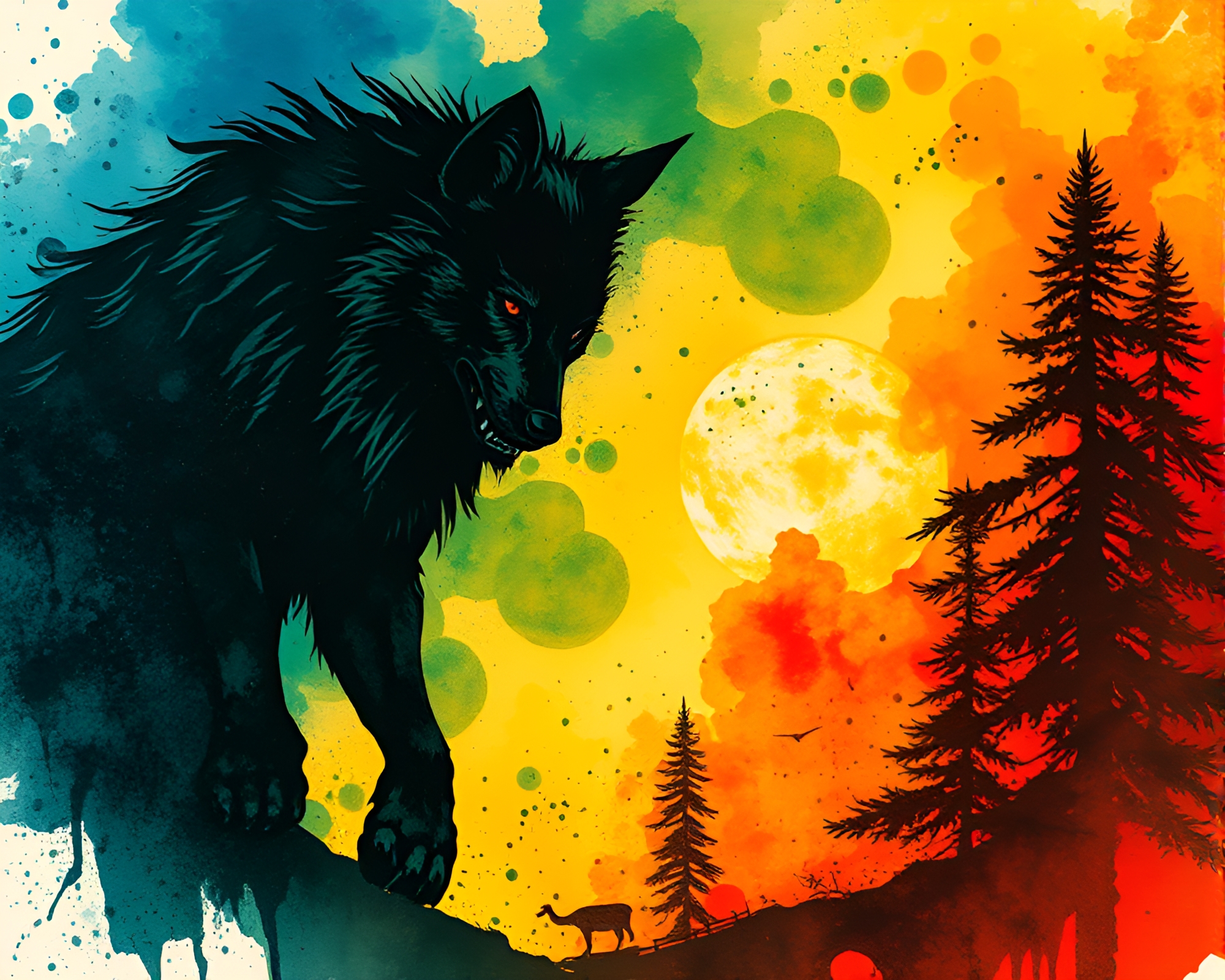 Werewolf in Sunset Ink Splash Forest – free AI stock image