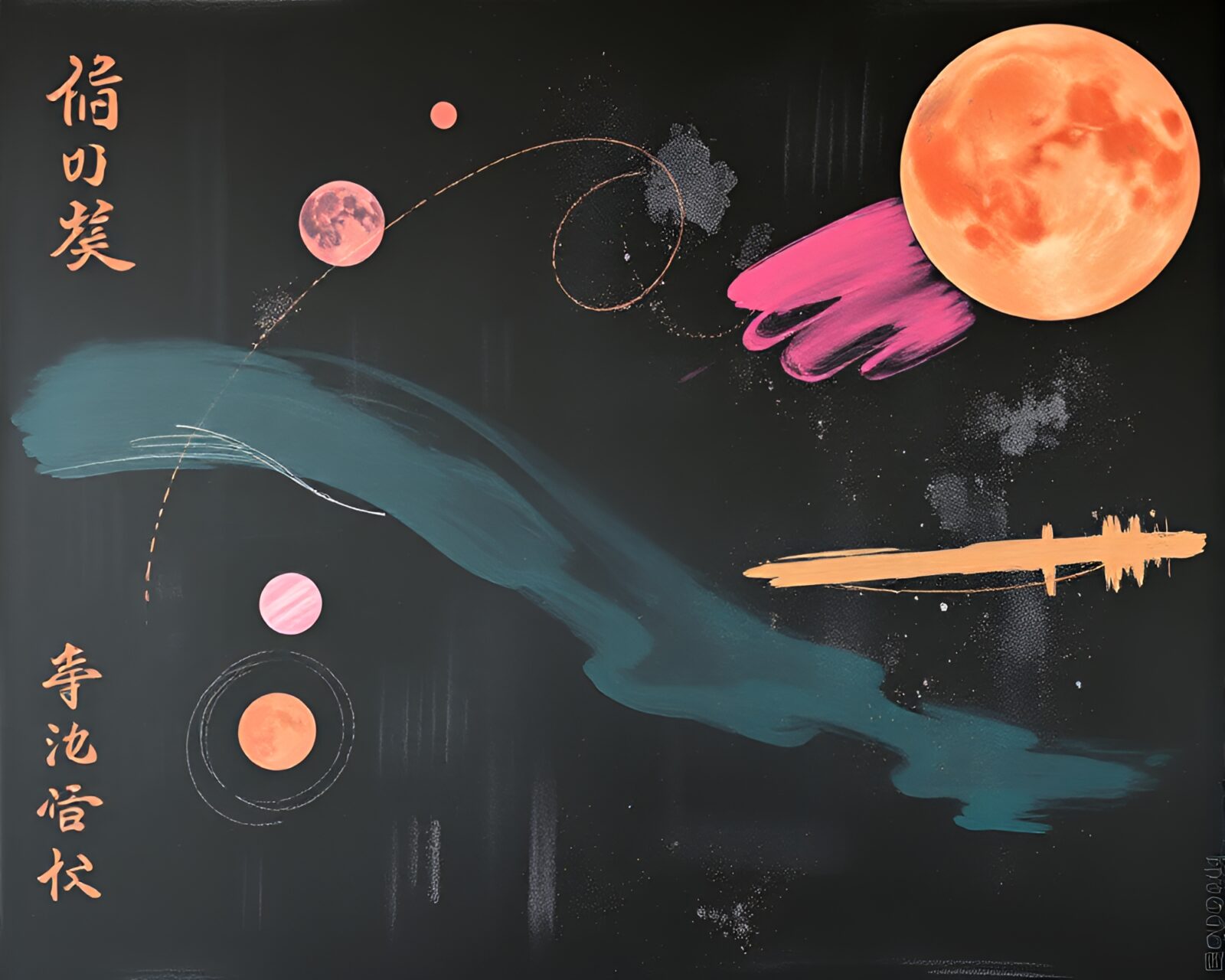 Pastel planetary silk kimono calligraphy on chalkboard