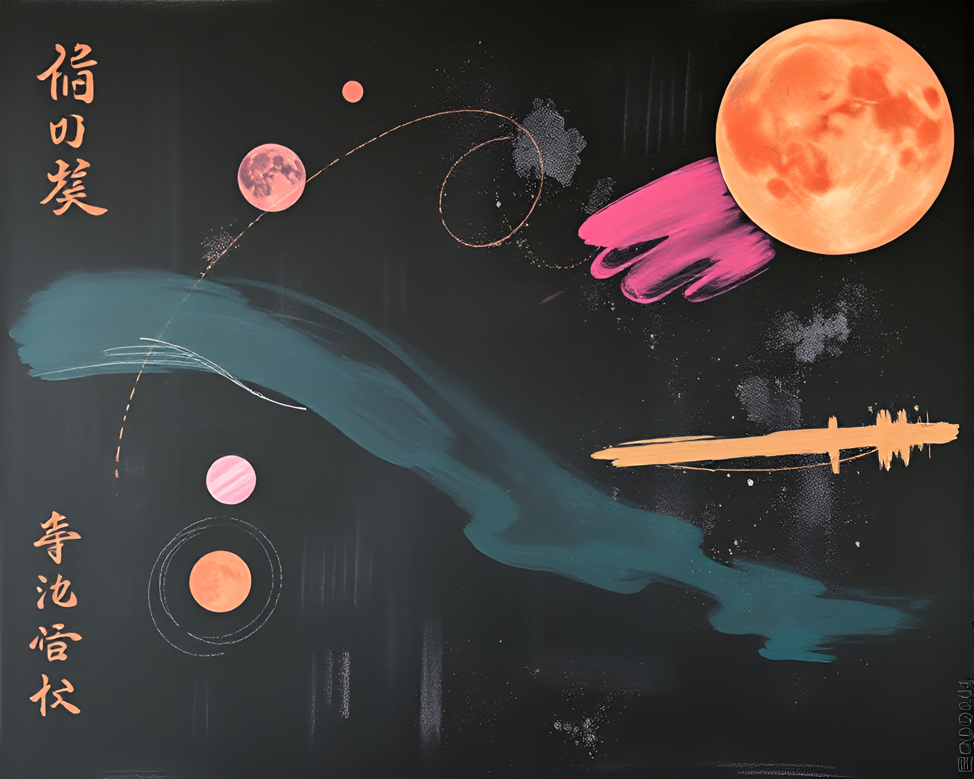 Silk Kimono Calligraphy on Chalkboard: Planetary Pastel Art – free AI stock image