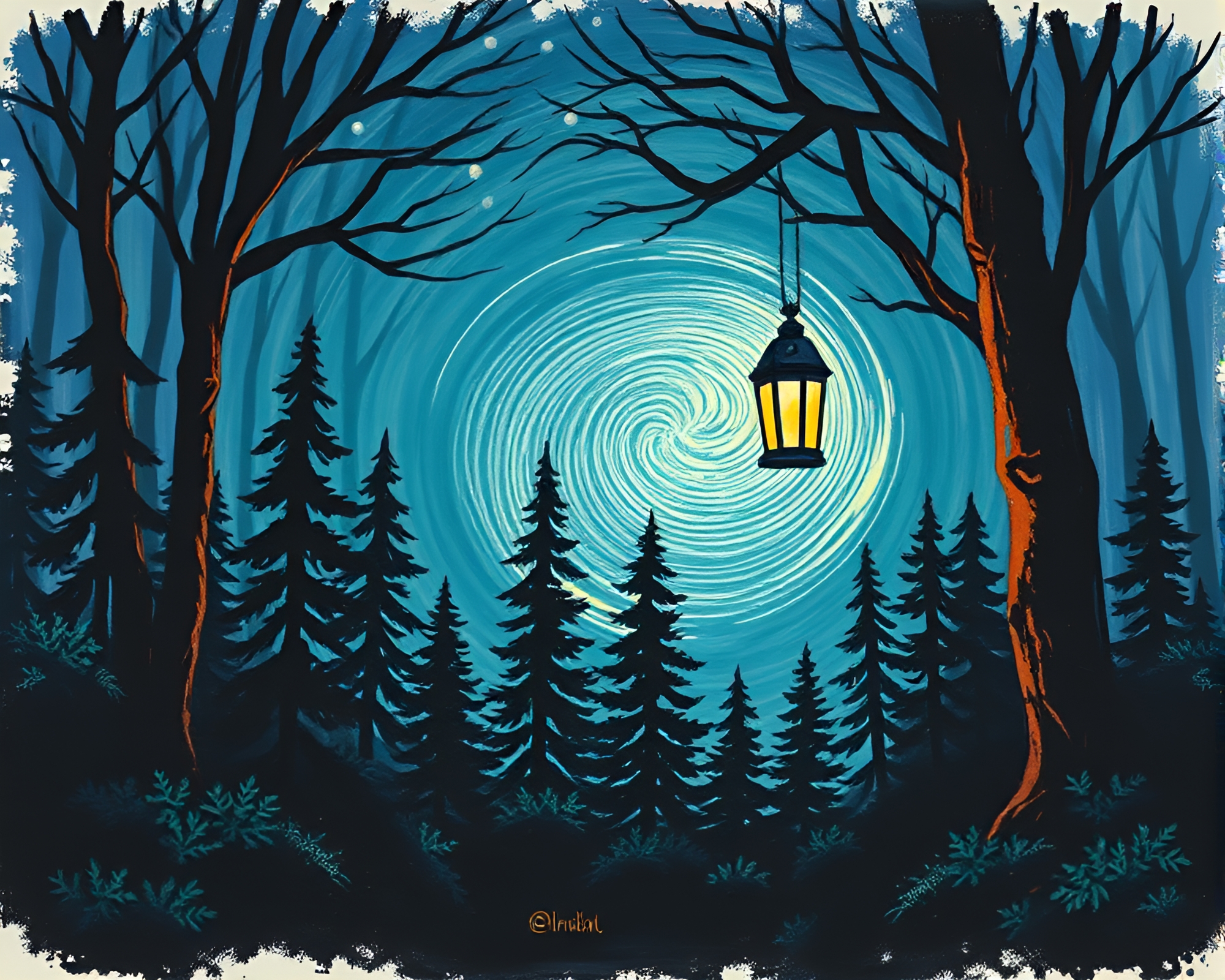 Enchanted Forest Illuminated by Fingerprint Swirl Lantern – free AI stock image