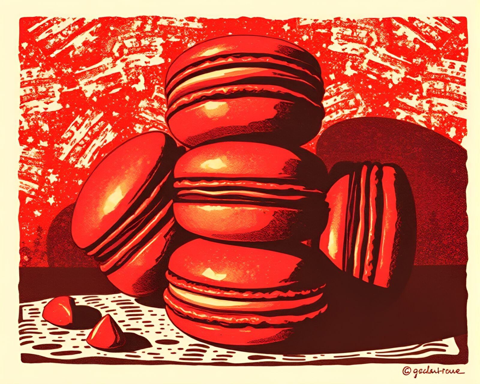 Vibrant ruby red macarons under warm golden sunset light