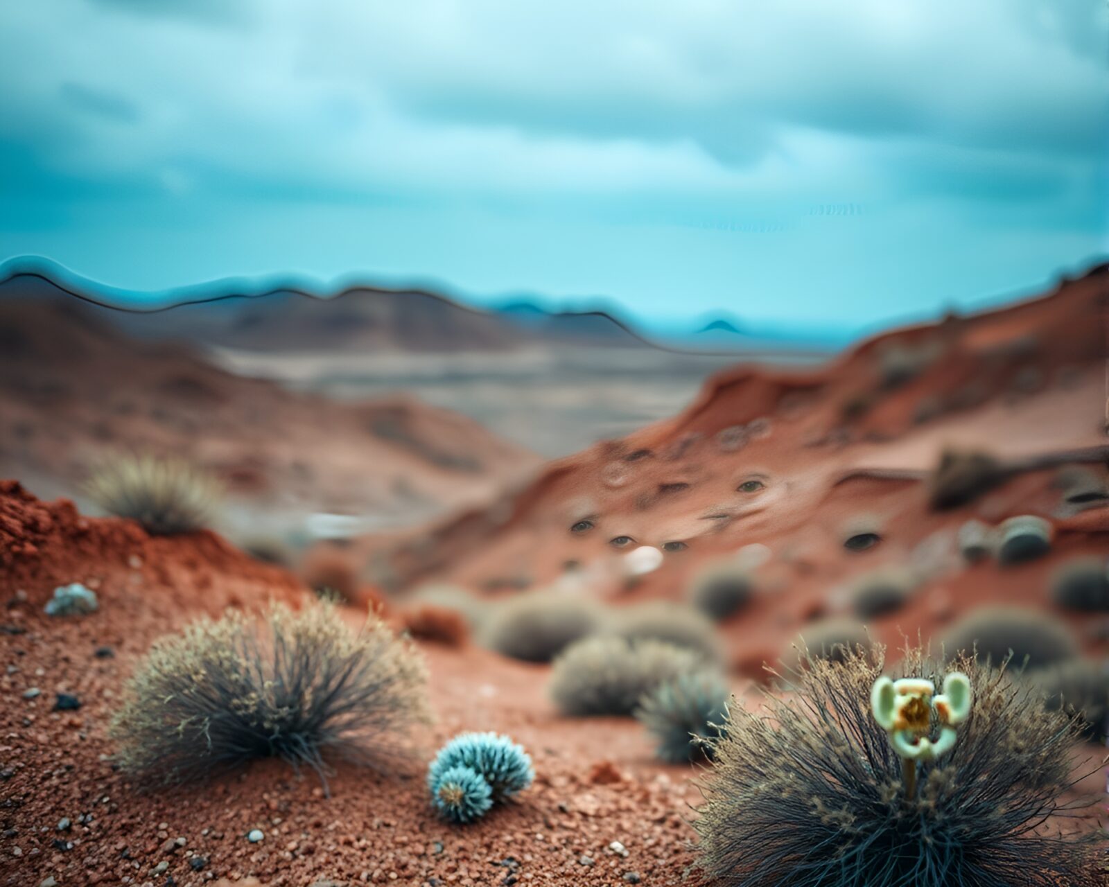 Tilt-shift photo of copper oasis in ocean-blue desert light