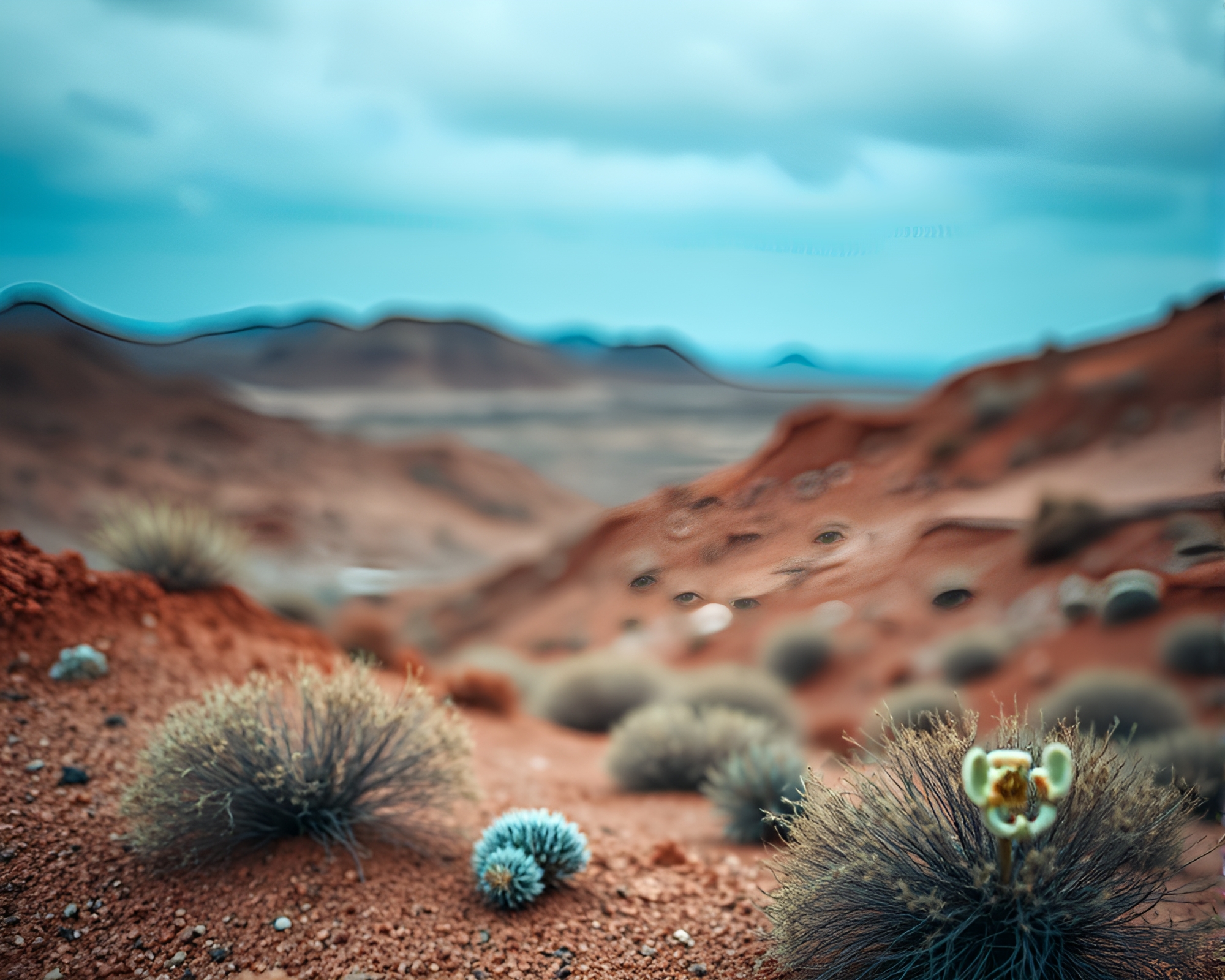 Verdigris Desert Oasis Under Tilt-Shift Sky – free AI stock image