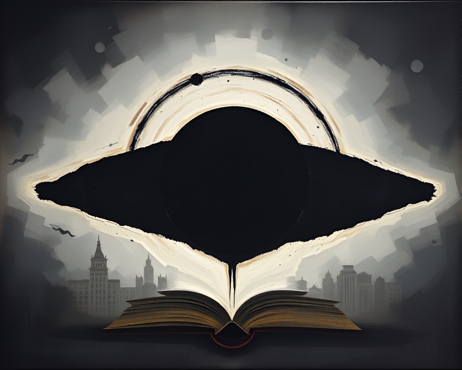Off-center leather-bound diary glowing in eclipse shadow acrylic art