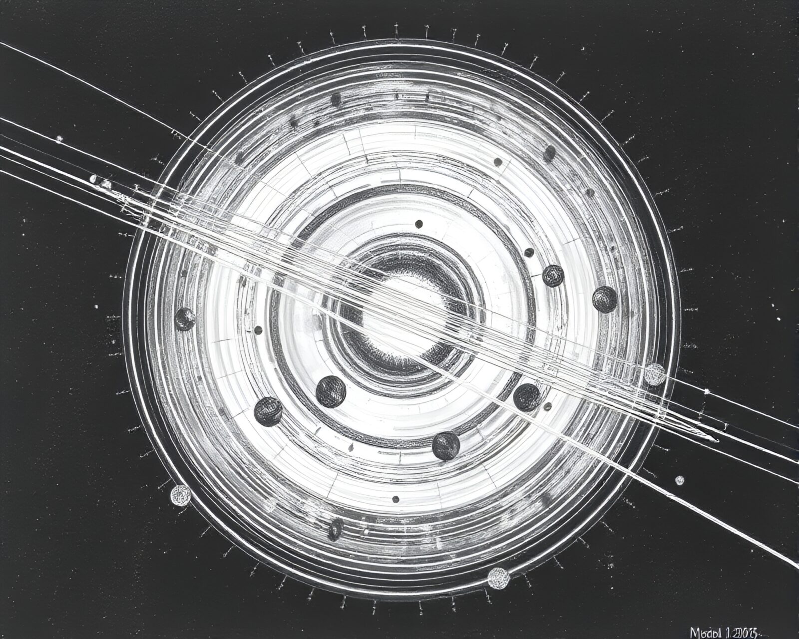 A planetary-themed telegraph machine with Morse code etched in monochrome.