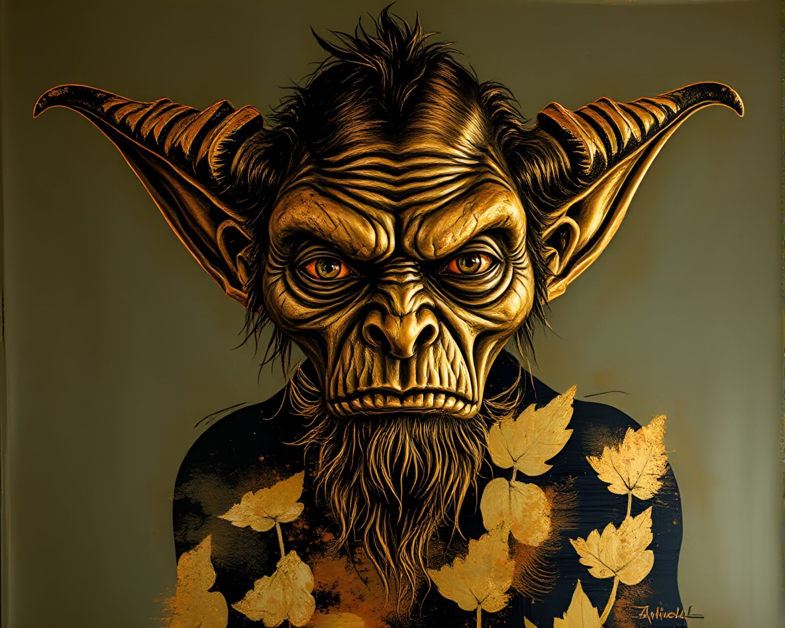 Bronze-sheened goblin in mystical double exposure art