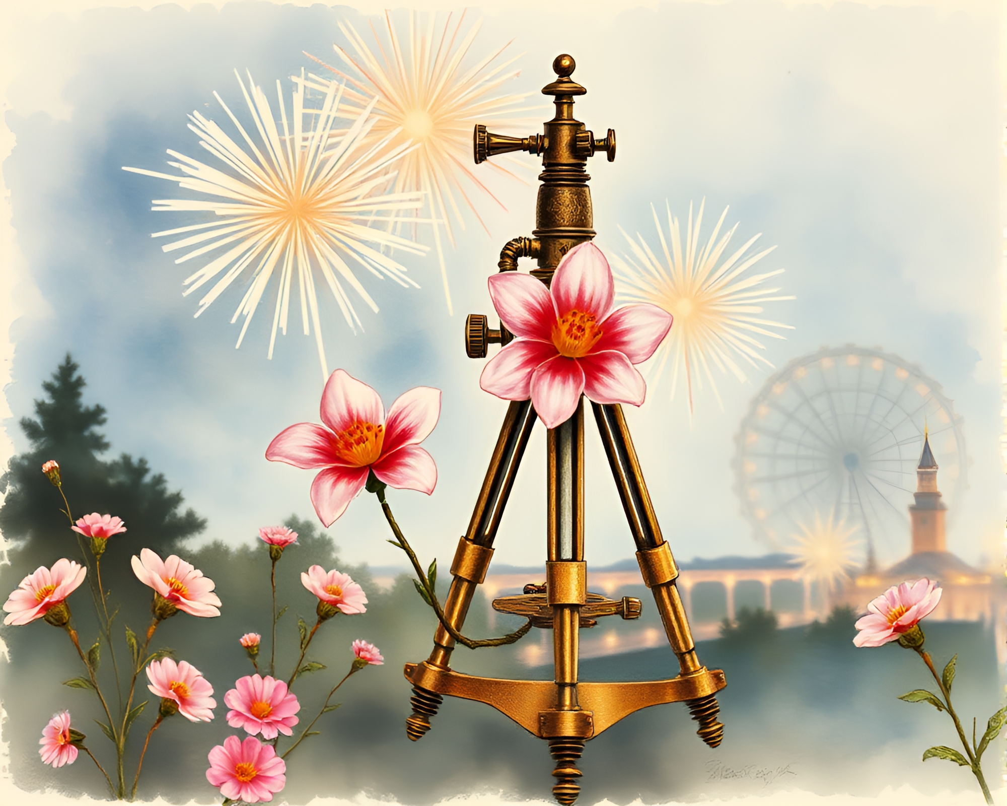 Antique sextant amidst watercolor blooms under festival fireworks – free AI stock image