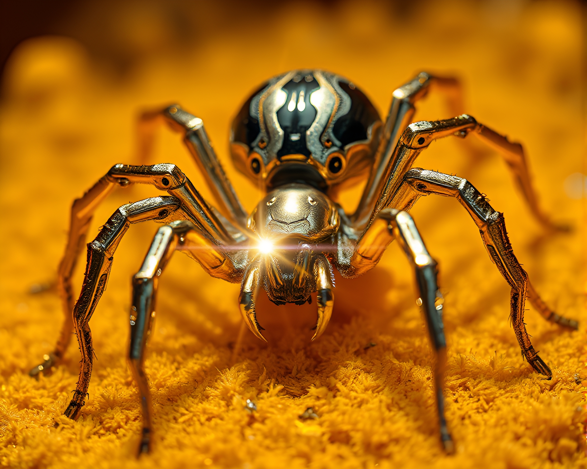 Mechanical Spider in Solar Flare Glow with Silver Leaf Accents – free AI stock image