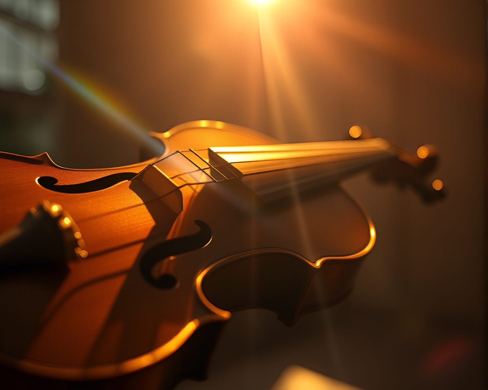 Vintage wooden violin glowing in bronze sheen light