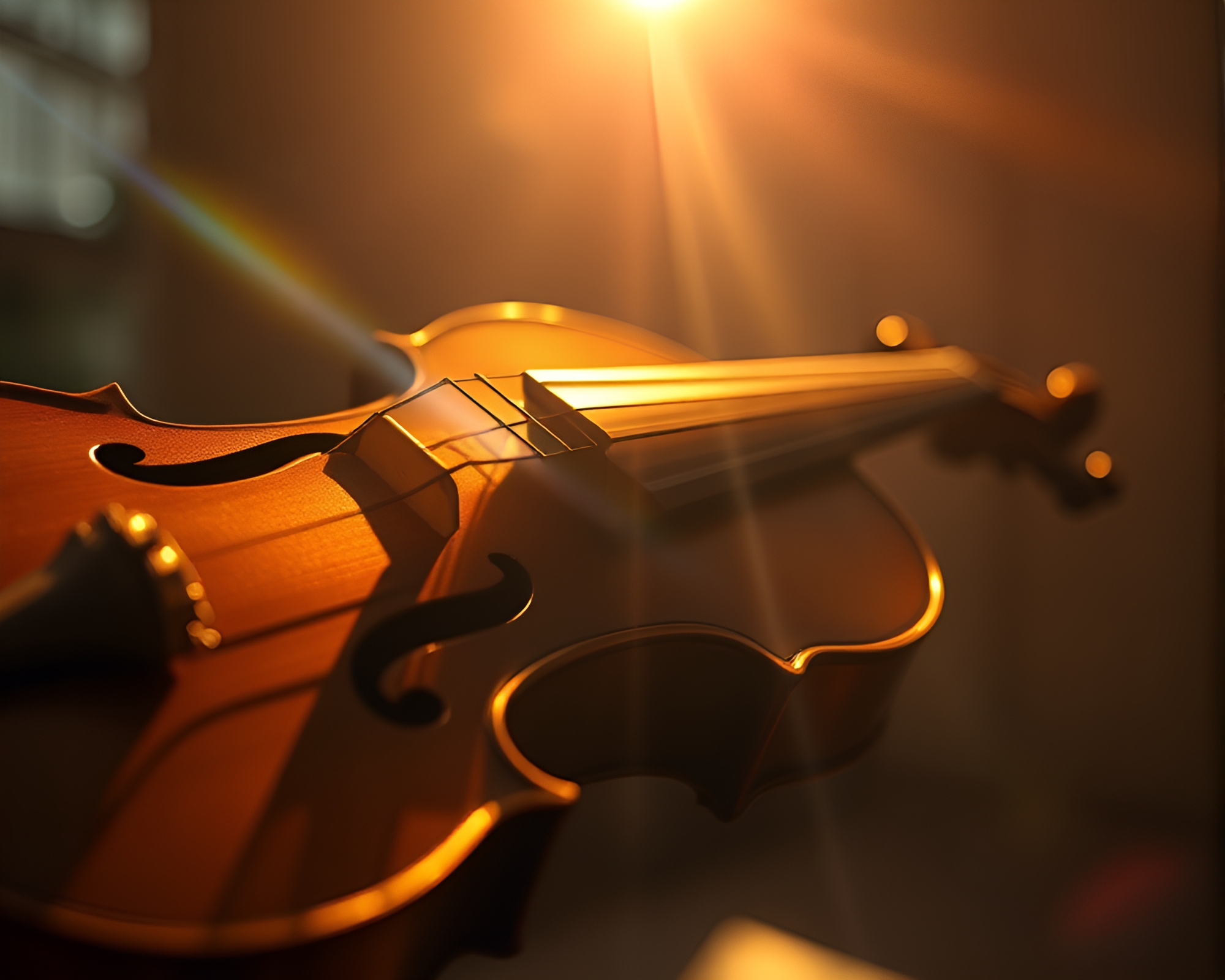 Gleaming Wooden Violin in 80s Lens Flare – free AI stock image