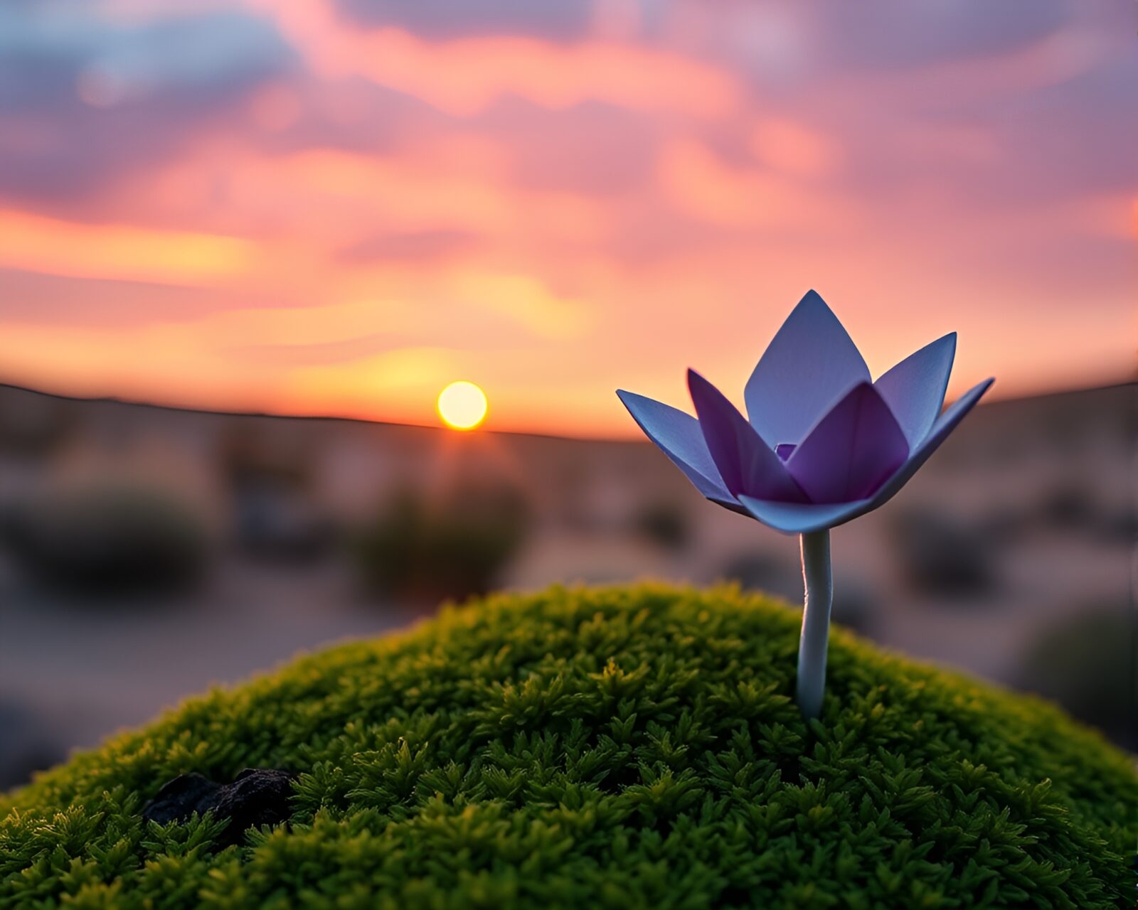 Breath-taking moss growth with origami flower under setting sun