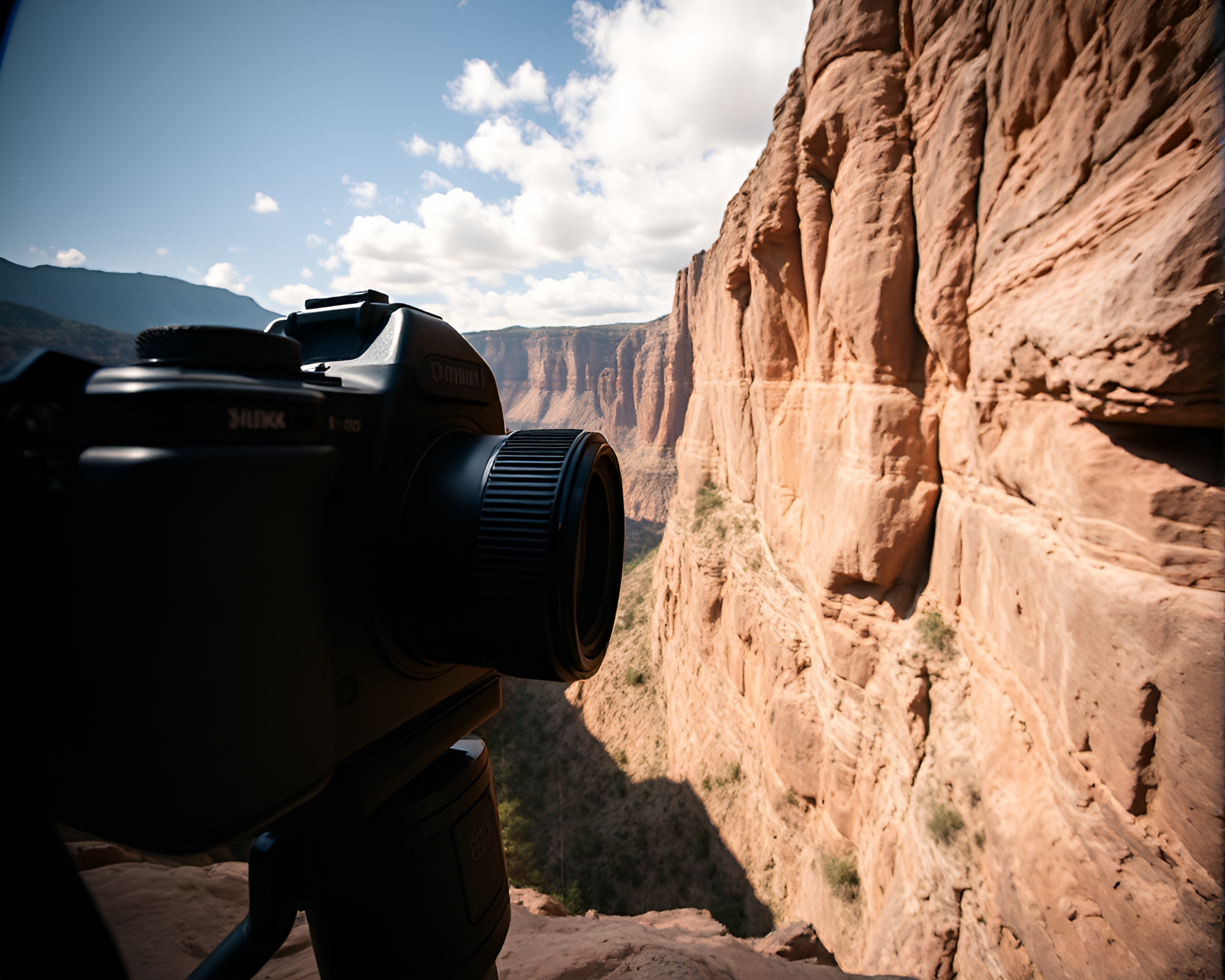 Wide-Angle Camera Capturing Cliffside Shadows – free AI stock image