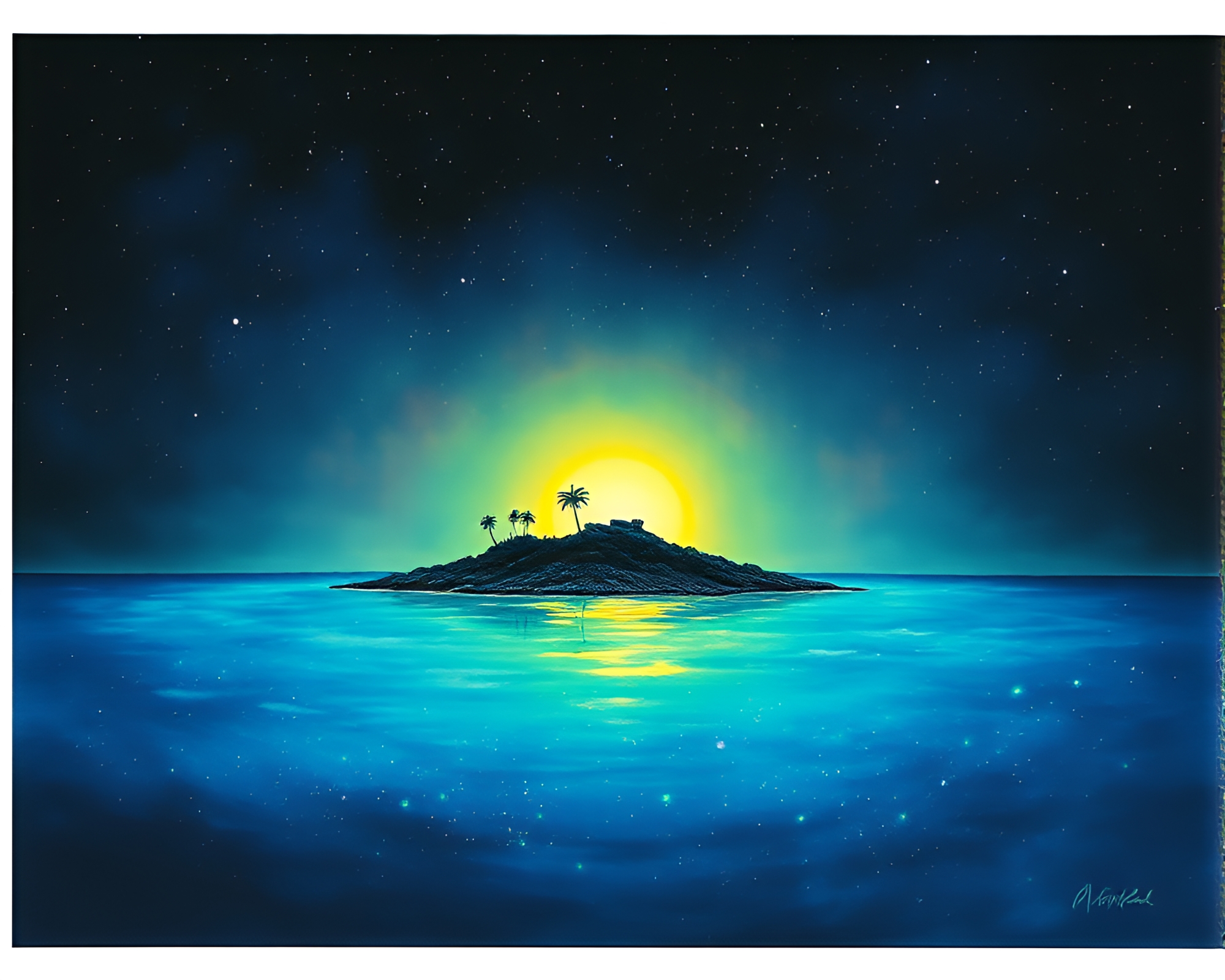 Enchanting Island with Bioluminescent Glow, Film Sprocket Touch – free AI stock image