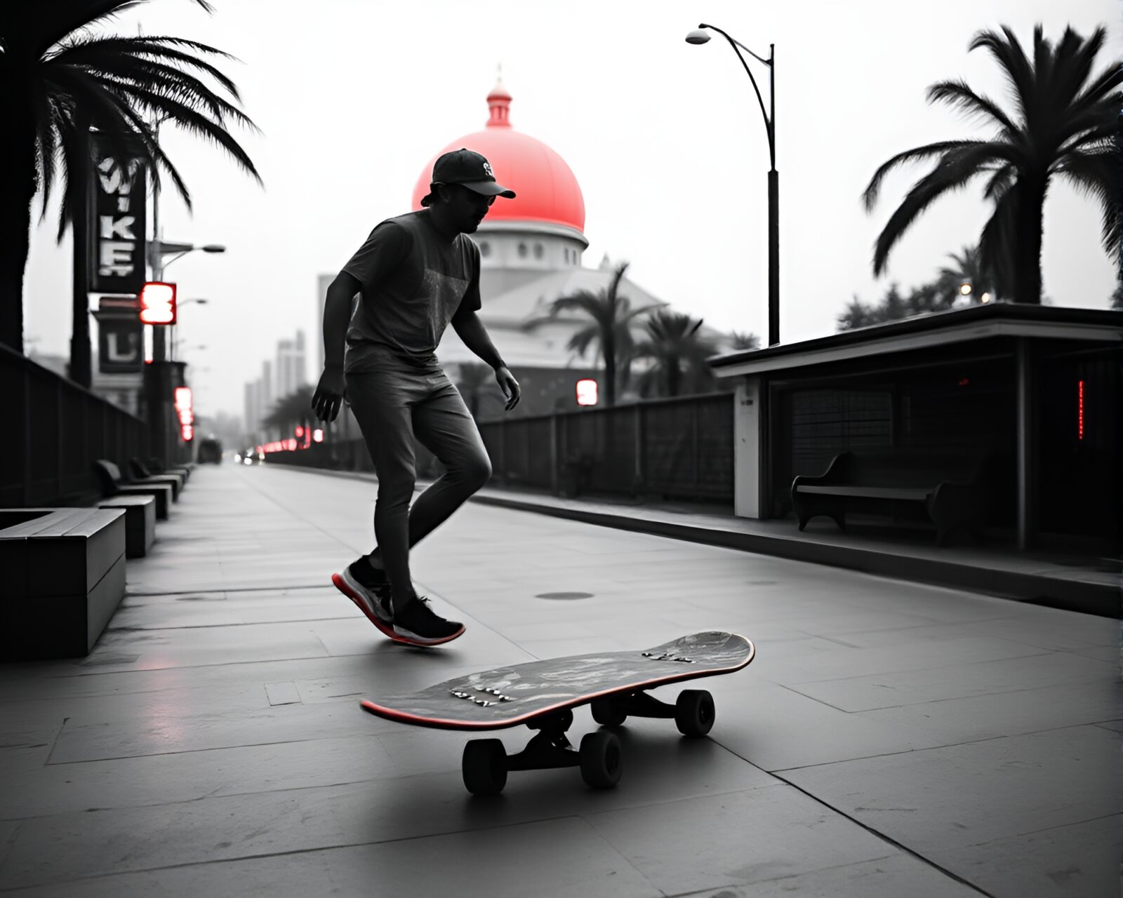 A futuristic, hatching skateboard utopia in striking monochrome red.