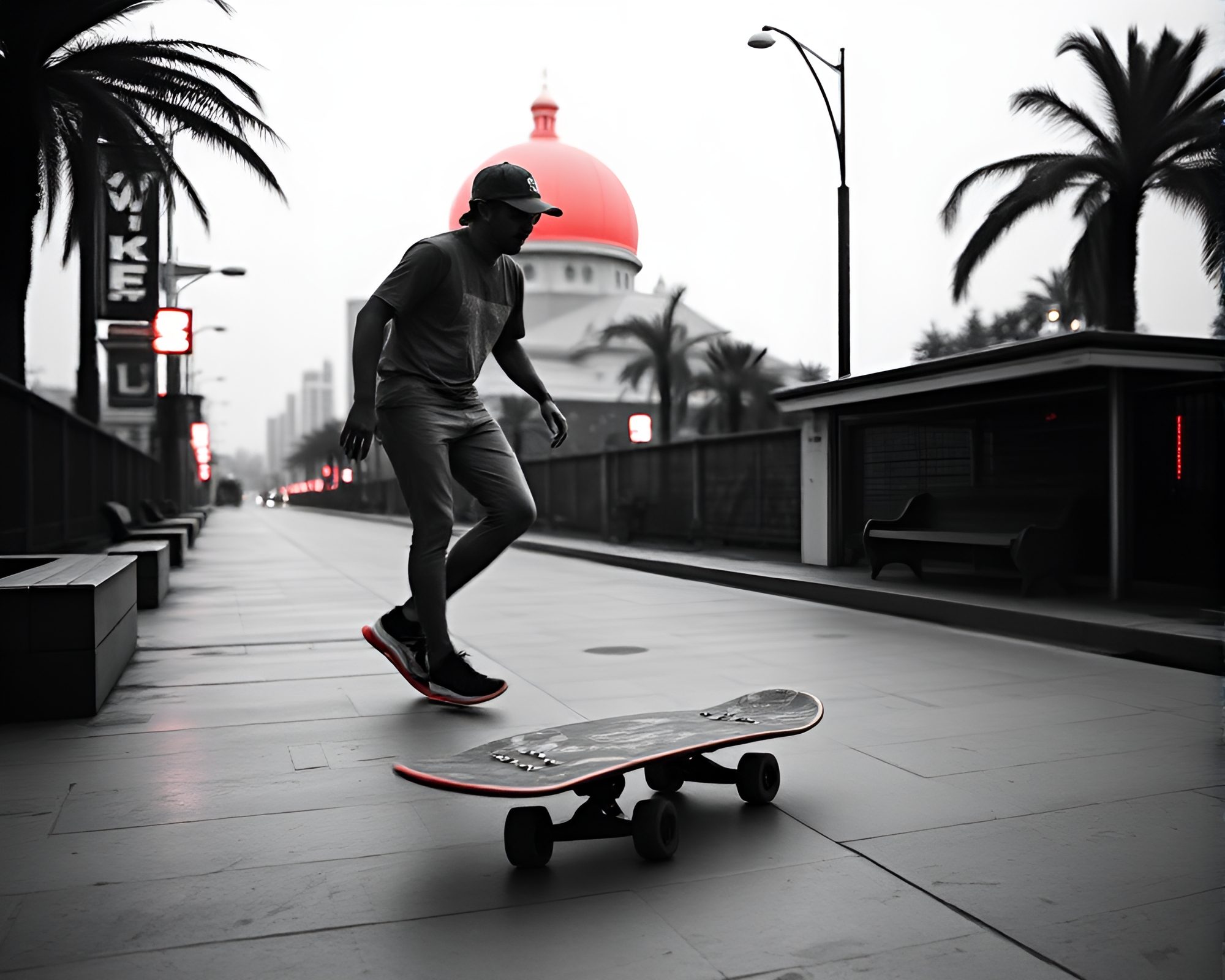Utopian Skate Park in Monochrome Red – free AI stock image