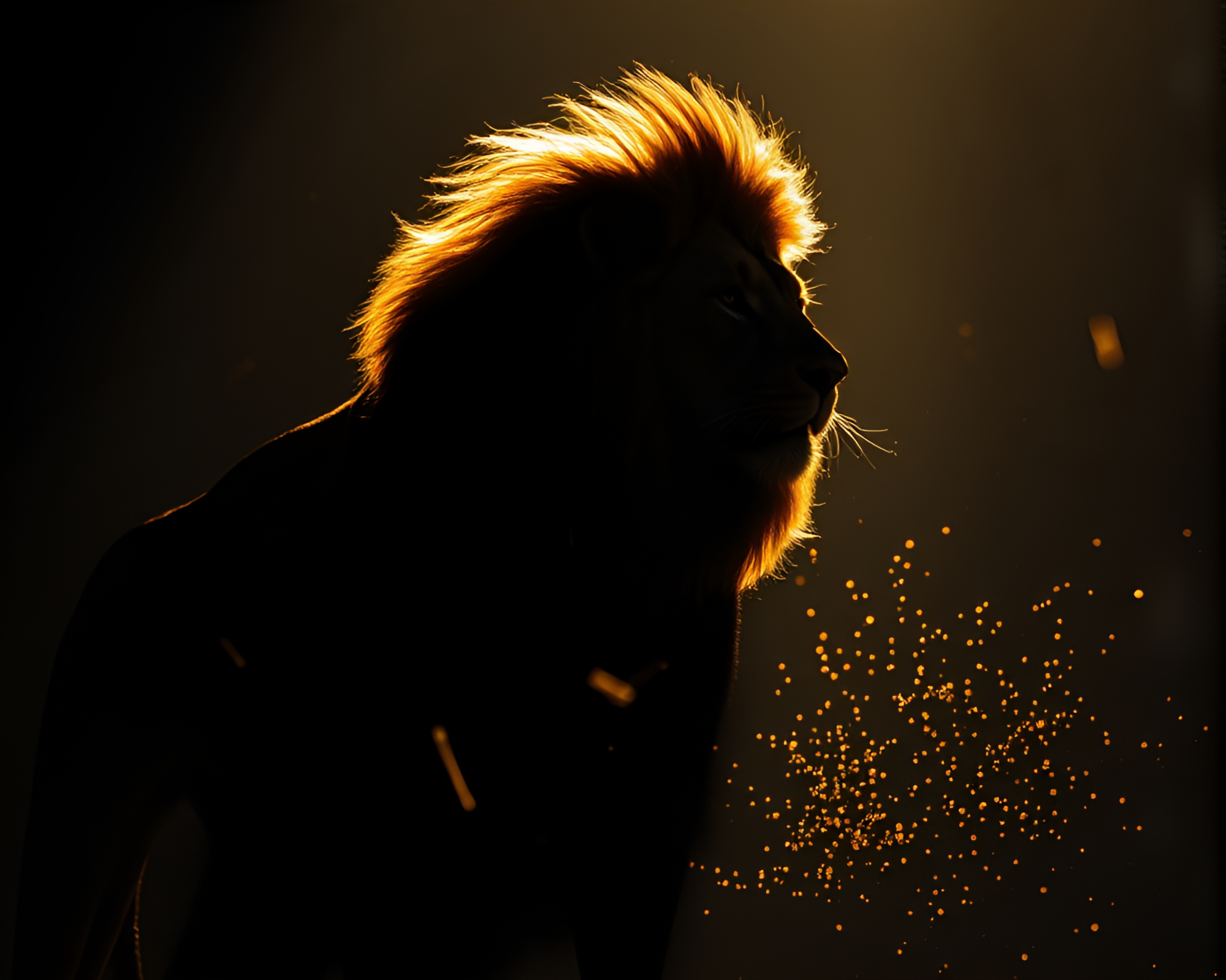 Lion silhouette surrounded by floating particles in natural light – free AI stock image