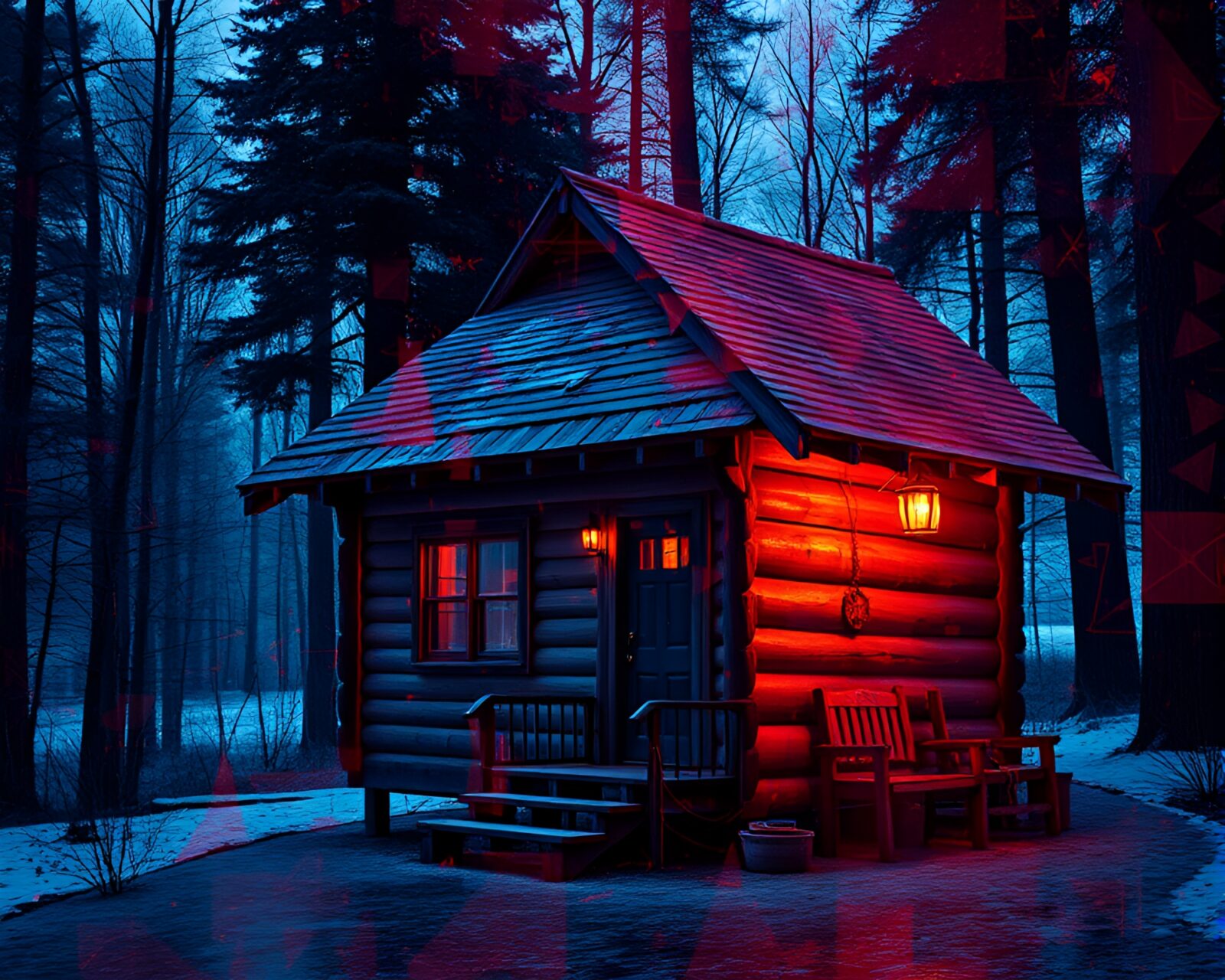 Dark, moody tenebrism scene with rustic cabin overlayed with fractals