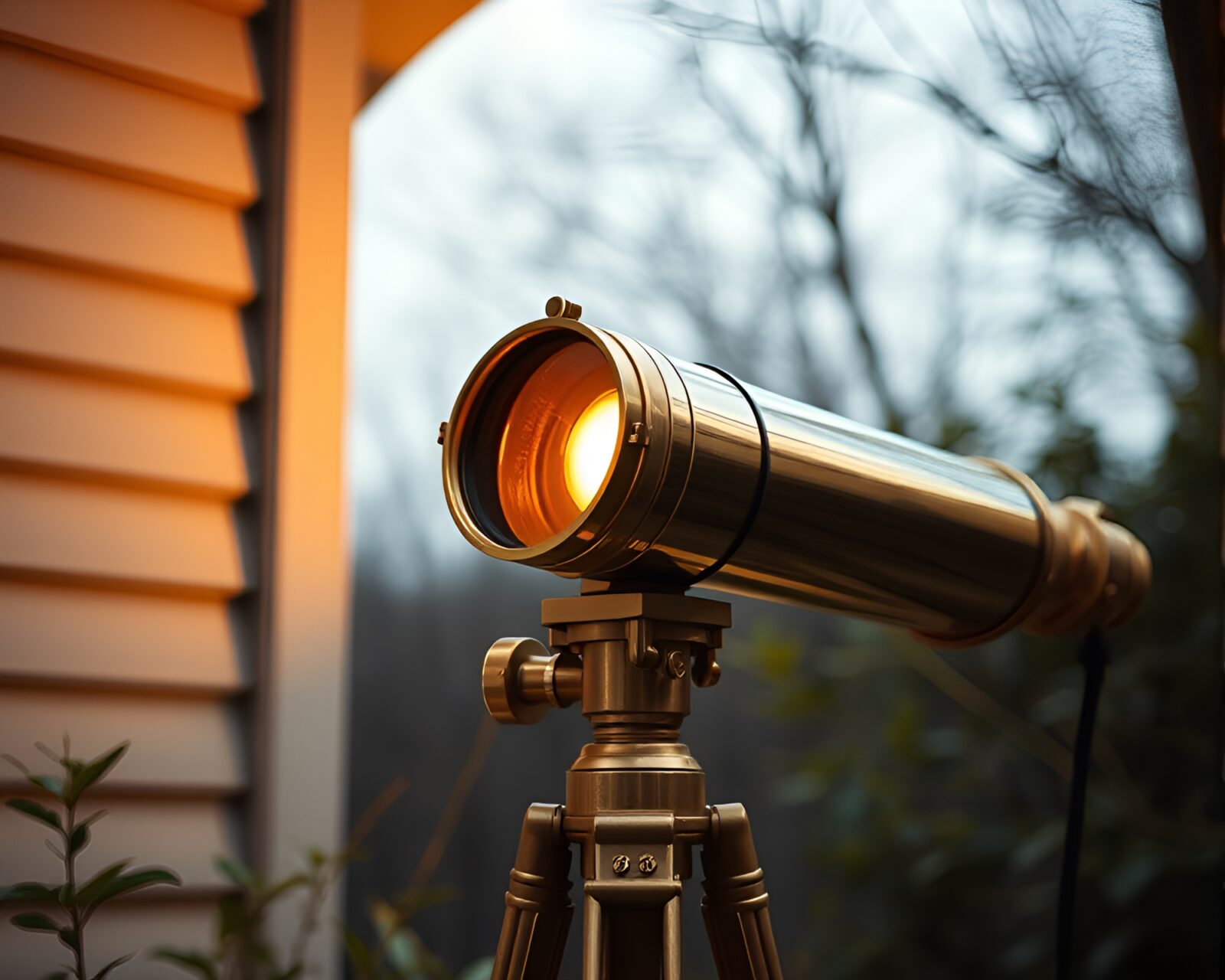 Bio-organic brass telescope under warm porchlight glow