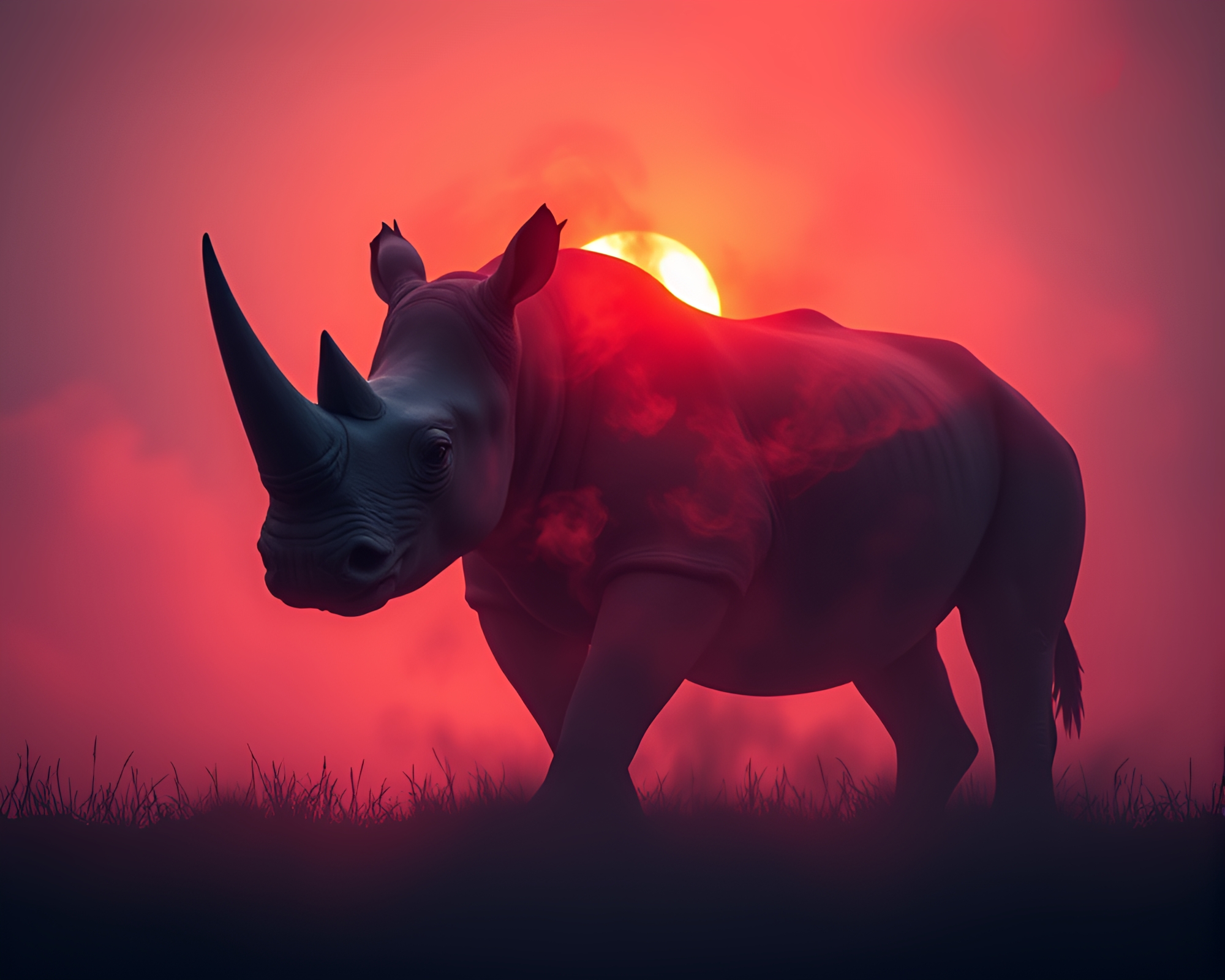 Digital Twilight Rhinoceros Emerging from Steam Vapor – free AI stock image