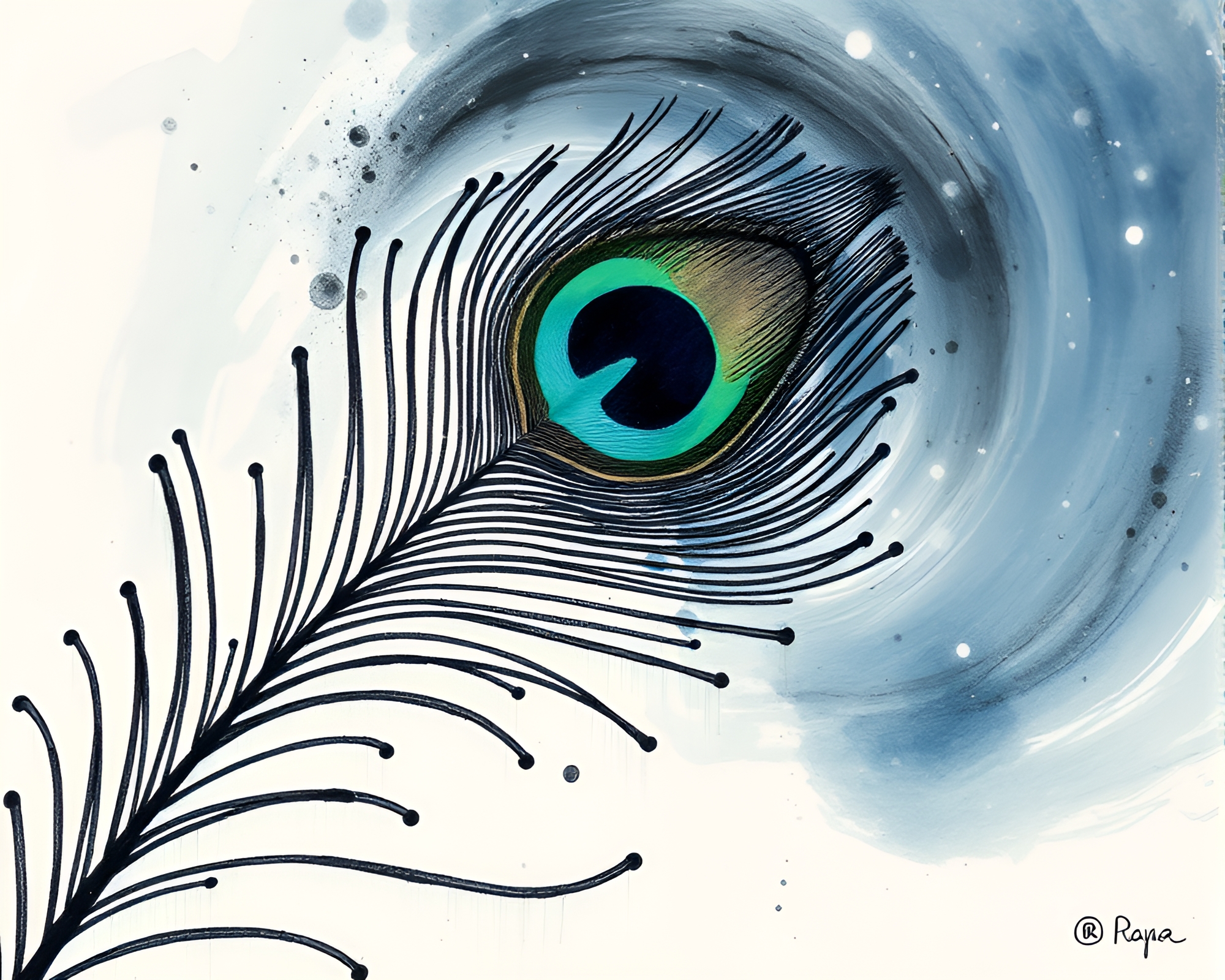 Ethereal Peacock Feather in Ink Wash Water Distortion – free AI stock image