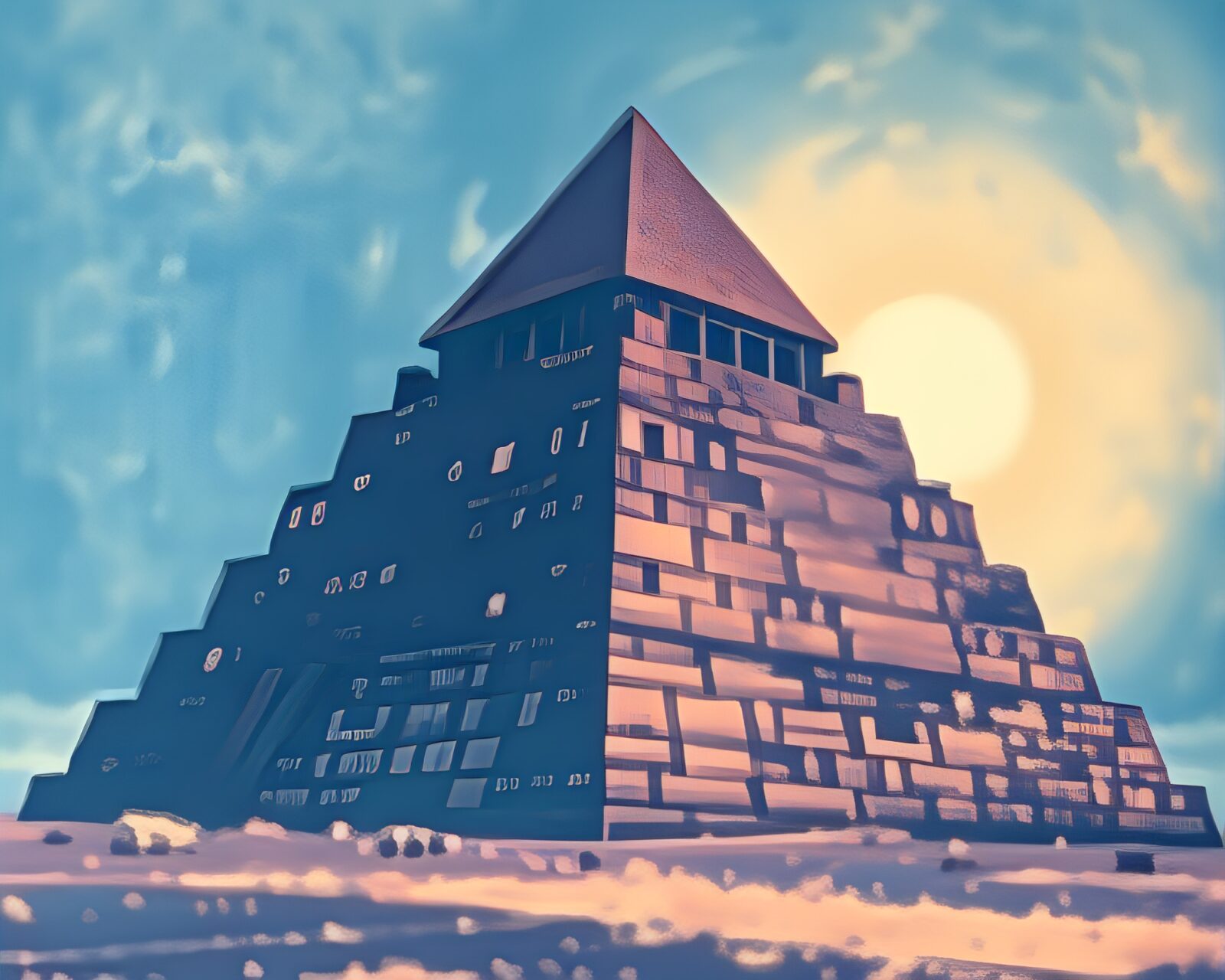 Sapphire toned pyramid in soft focus woodcut style