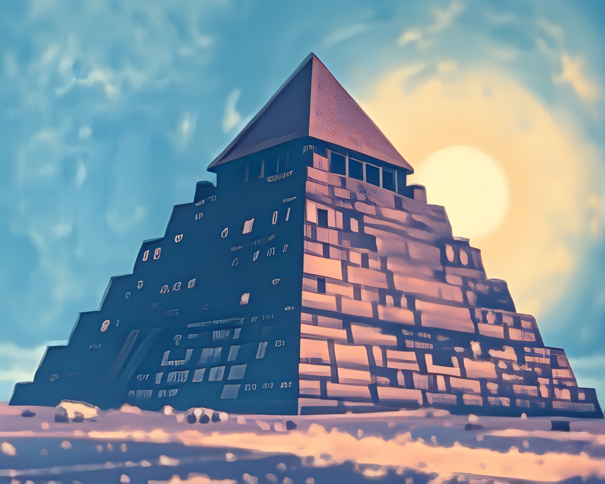 Sapphire Pyramid in Soft Woodcut Print – free AI stock image