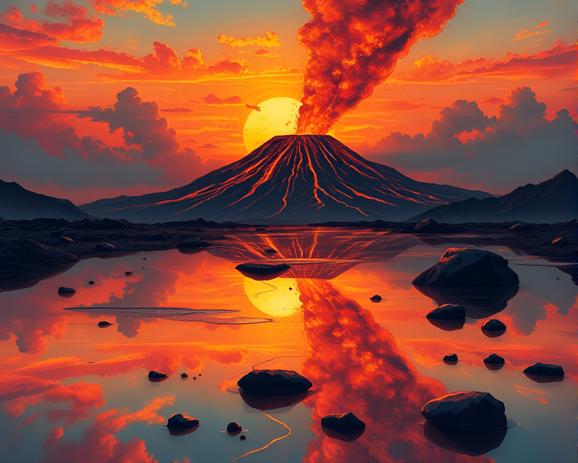 Steampunk Volcanic Eruption at Sunset Reflection – free AI stock image