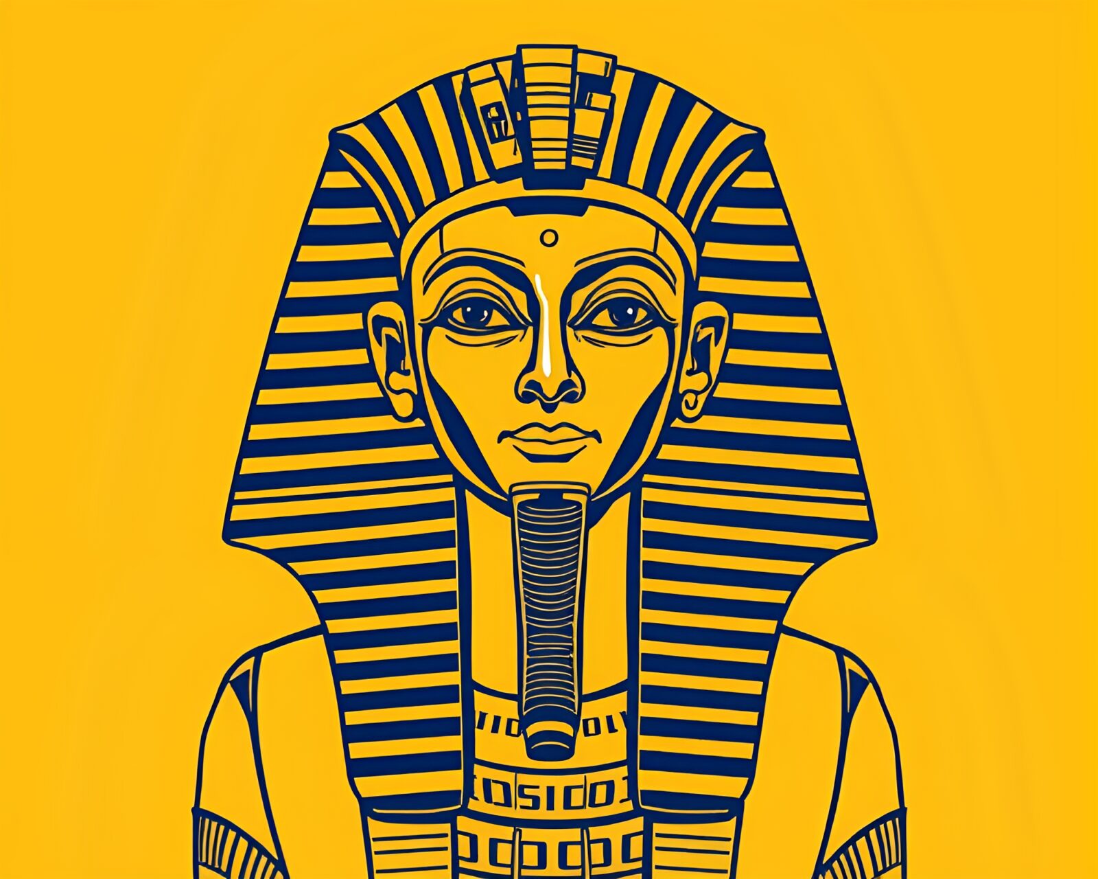 Vibrant mustard yellow artwork of a stylized pharaoh's mask