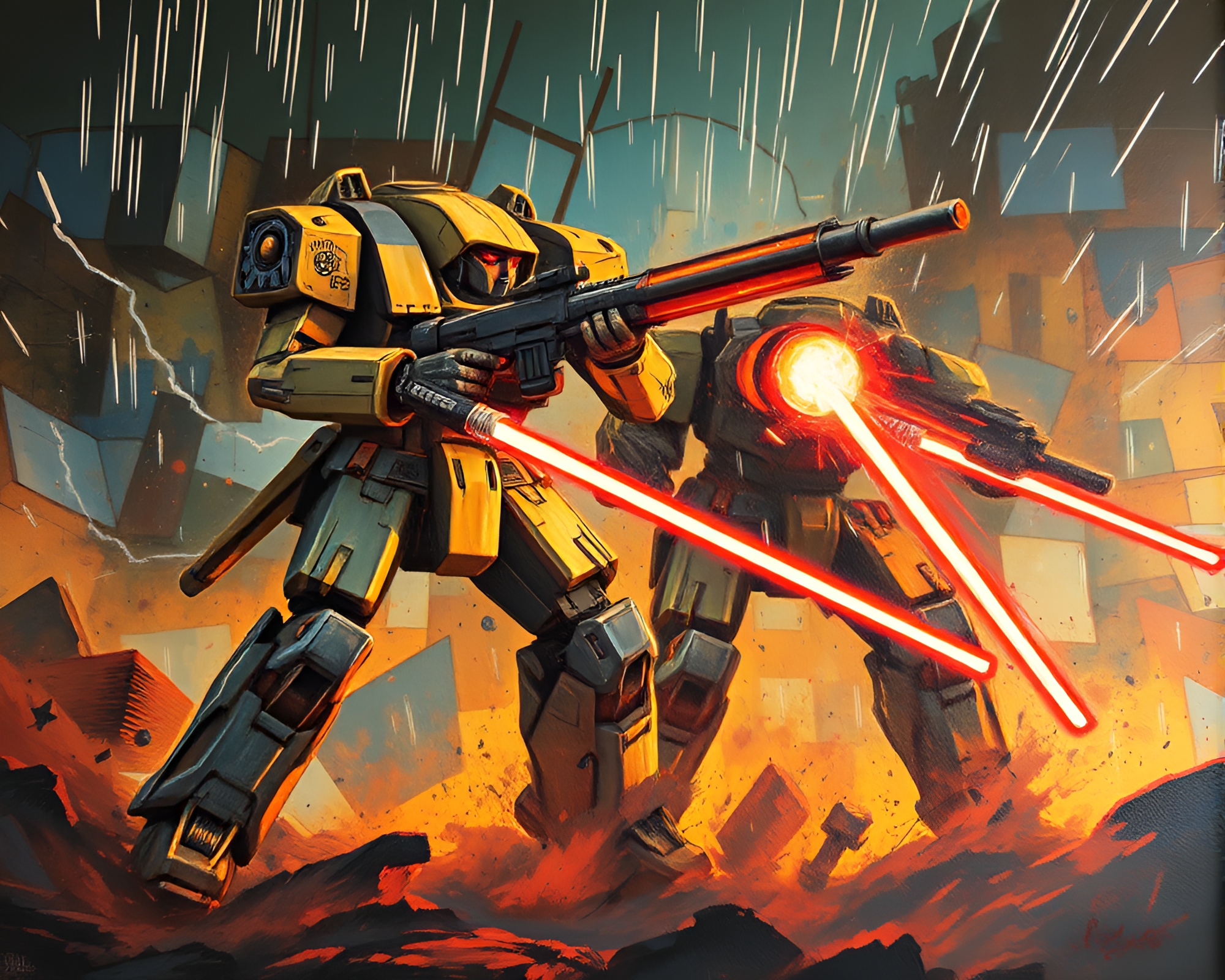 Vibrant Battle Mech Mural with Light Streaks – free AI stock image