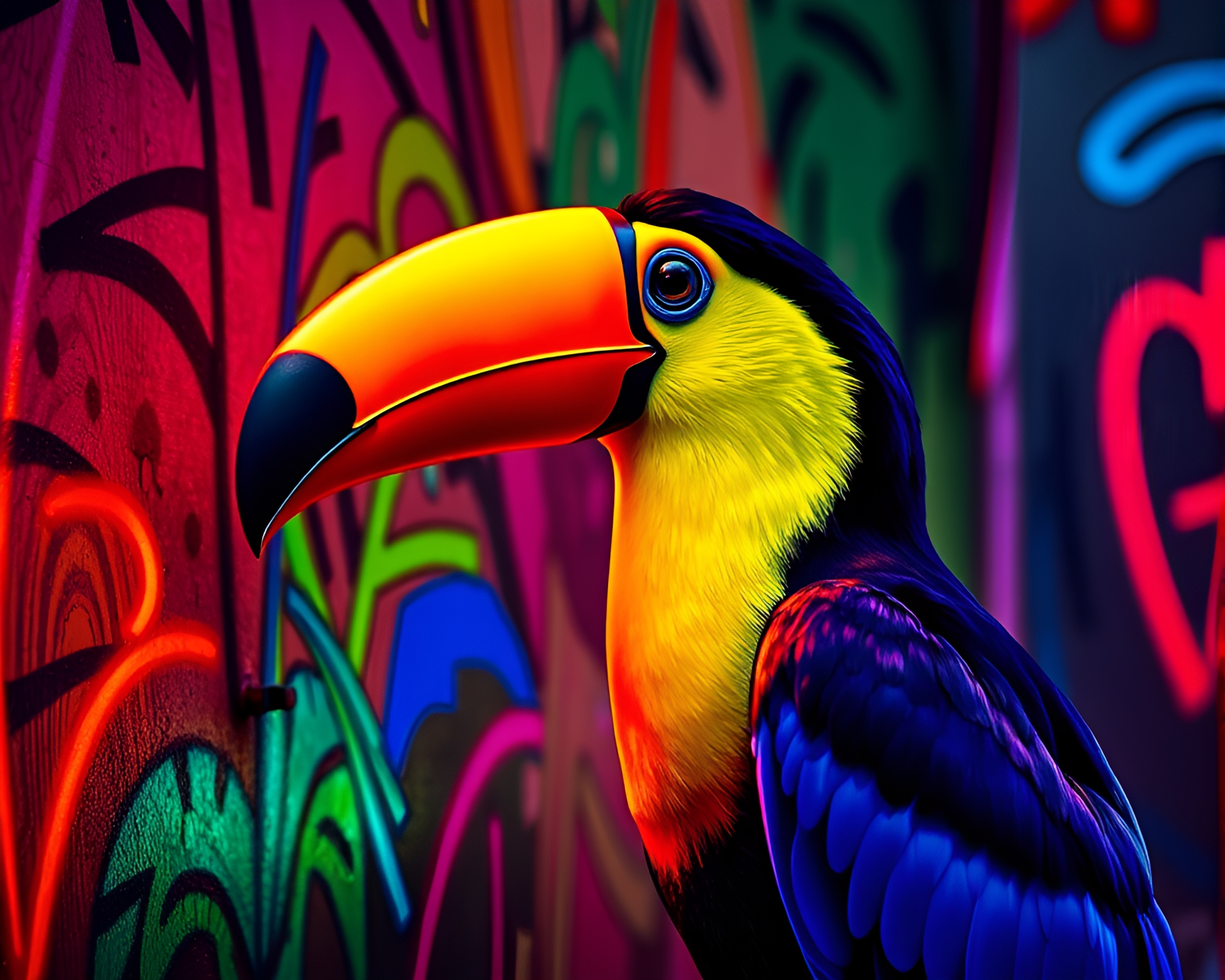 Vibrant Toucan Street Art in Natural Neon Light – free AI stock image