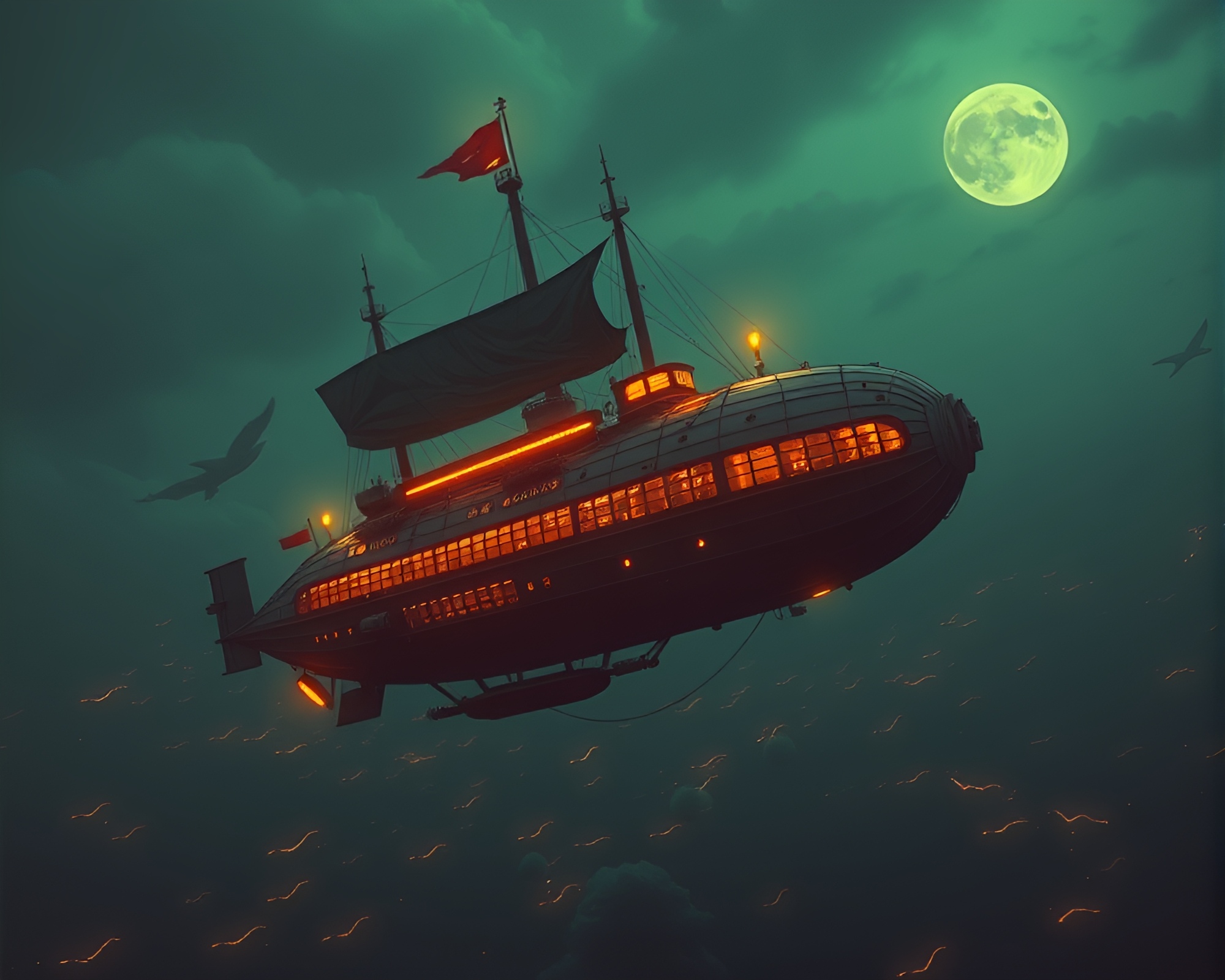 Steampunk Airship in Underexposed Cel Shaded Scan Lines – free AI stock image