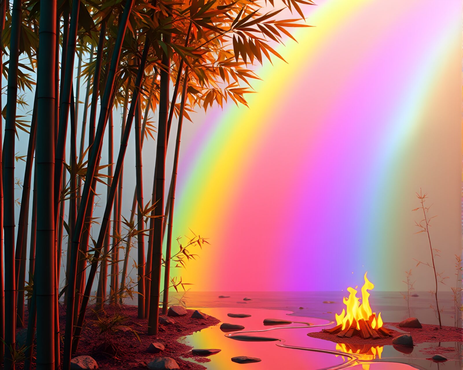 High-poly 3D render of oil slick rainbow in a bamboo grove with bonfire light