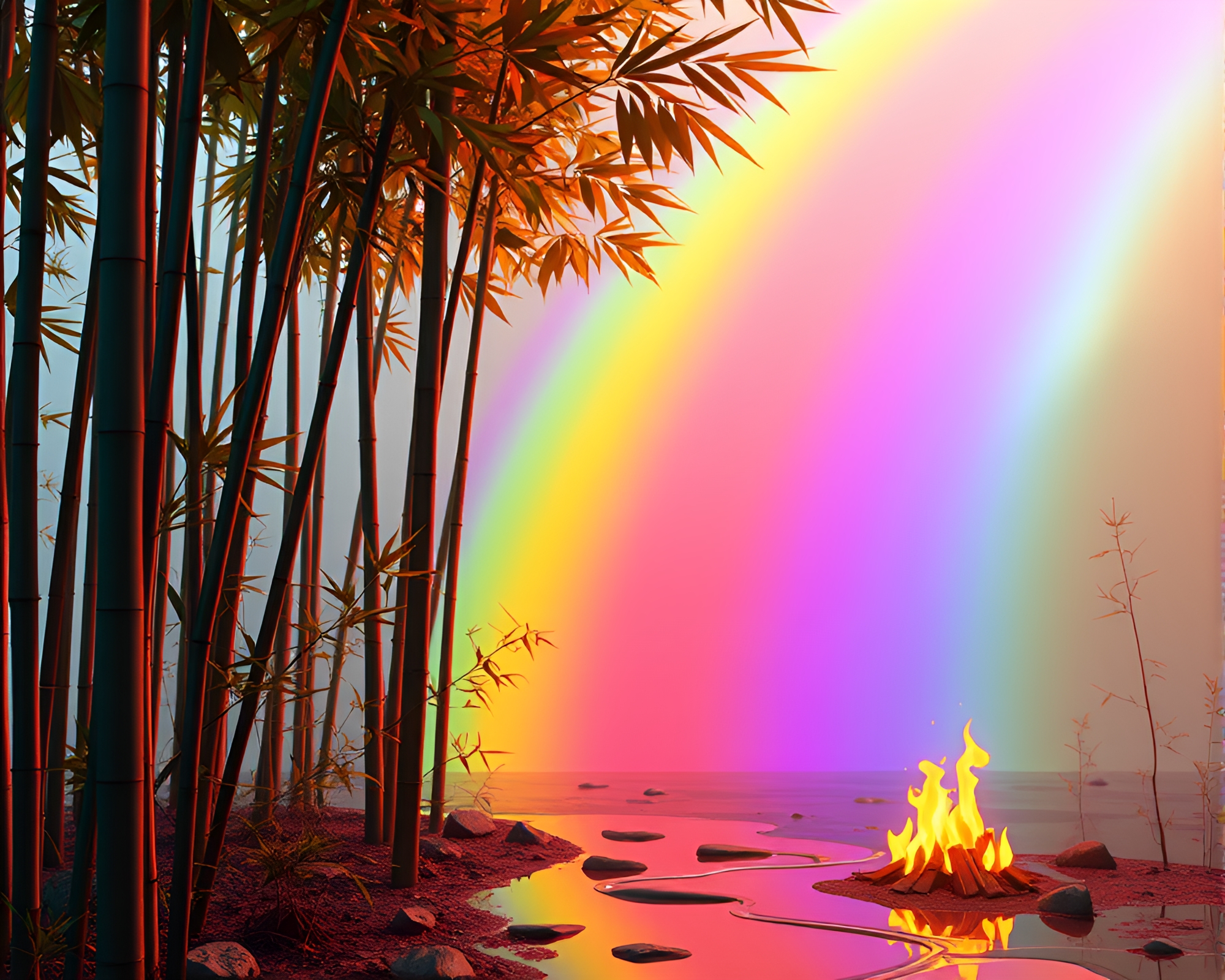 Rainbow Oil Slick in Bamboo Grove Bonfire Warmth – free AI stock image