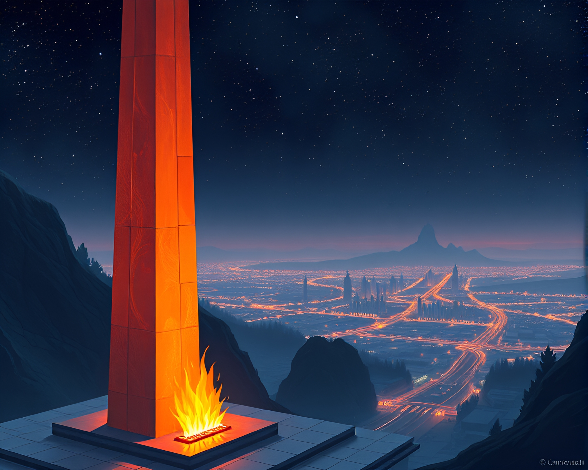 Futuristic Panoramic View with Obelisk and Fireplace Flicker – free AI stock image