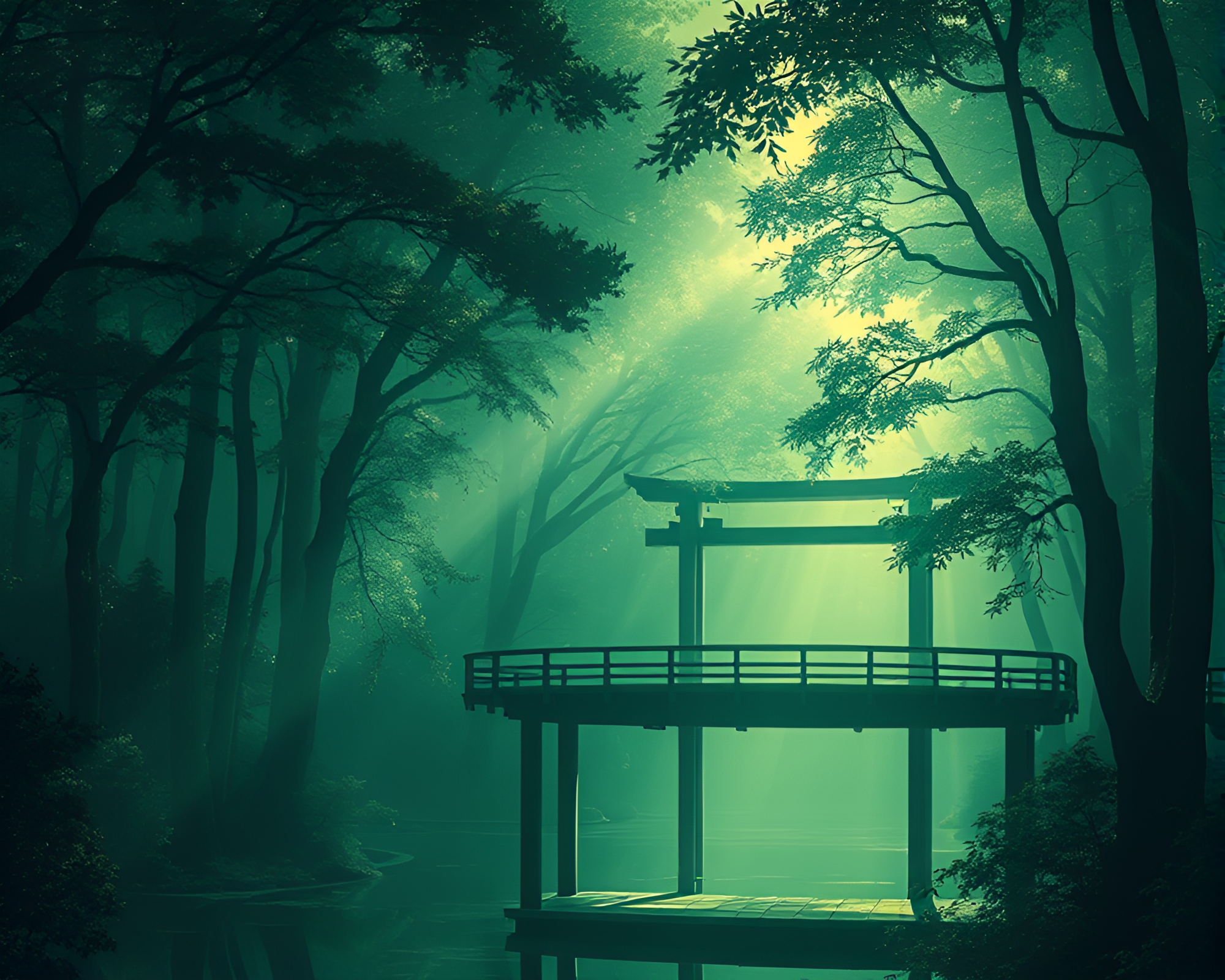 Enchanted Forest Light Leaks Pavilion Lithography Art – free AI stock image