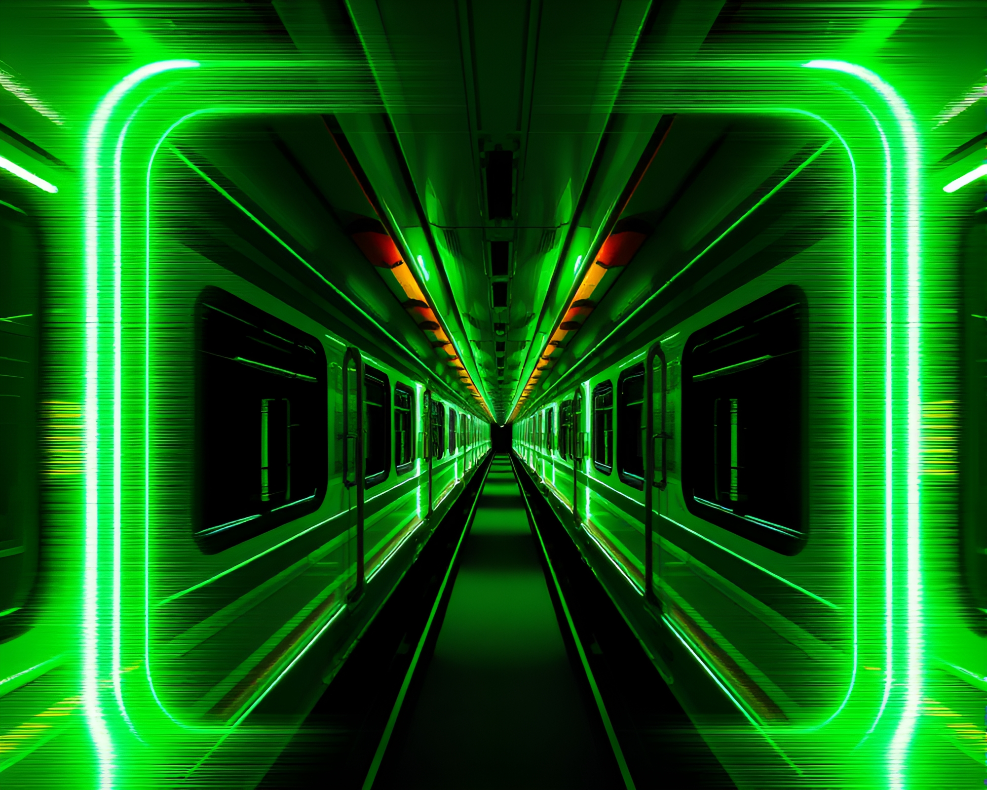 Monorail Glitch: Emerald Frame Composition – free AI stock image