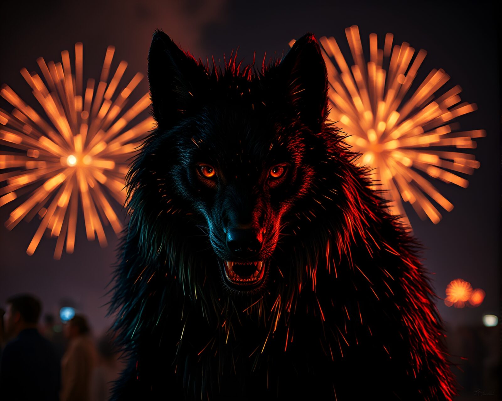 Fantastical scene of a werewolf amidst festival fireworks and metal scratches